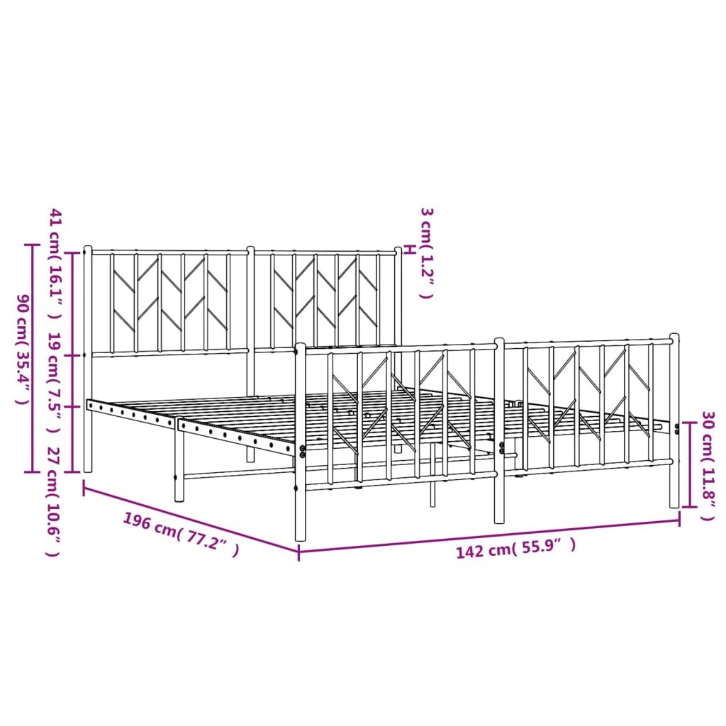 Metal Bed Frame without Mattress with Footboard White 135x190cm