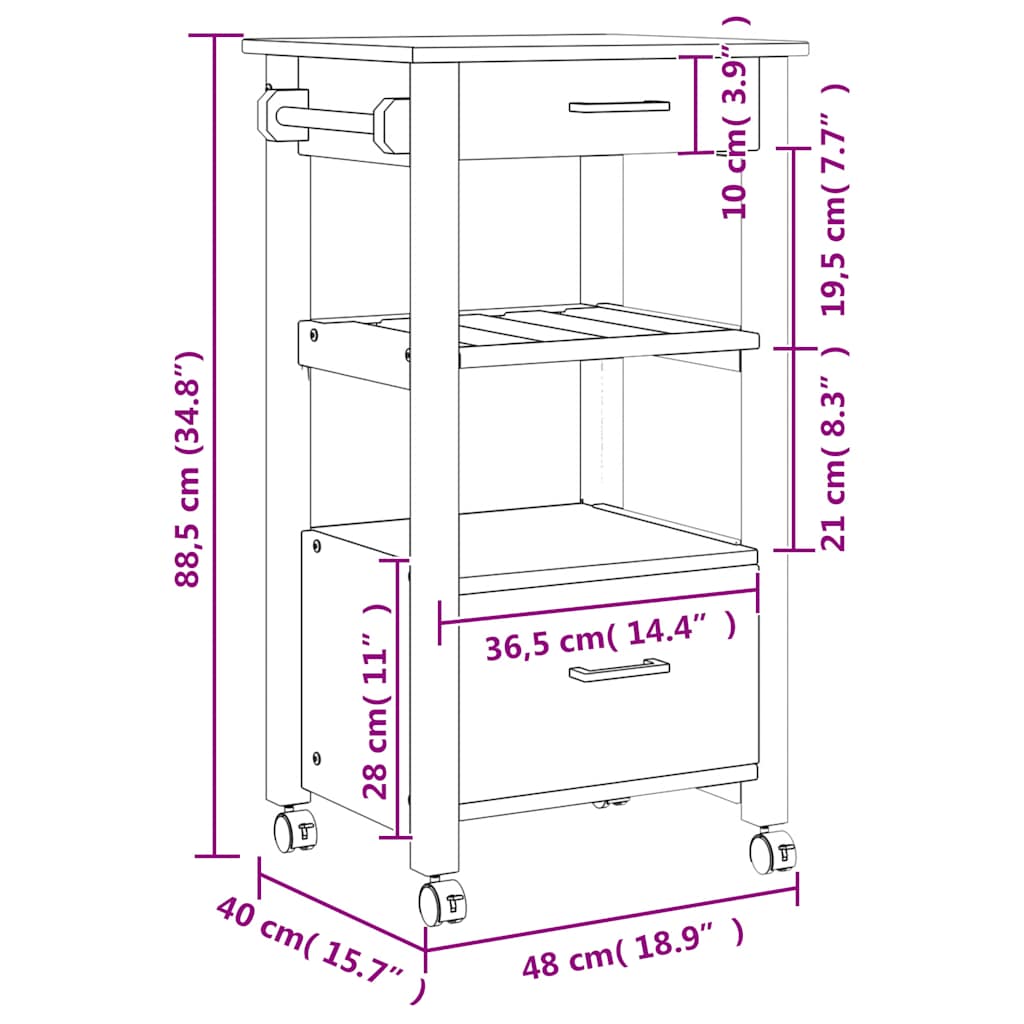 Kitchen Trolley "MONZA" 48x40x88,5 cm Solid Wood Pine