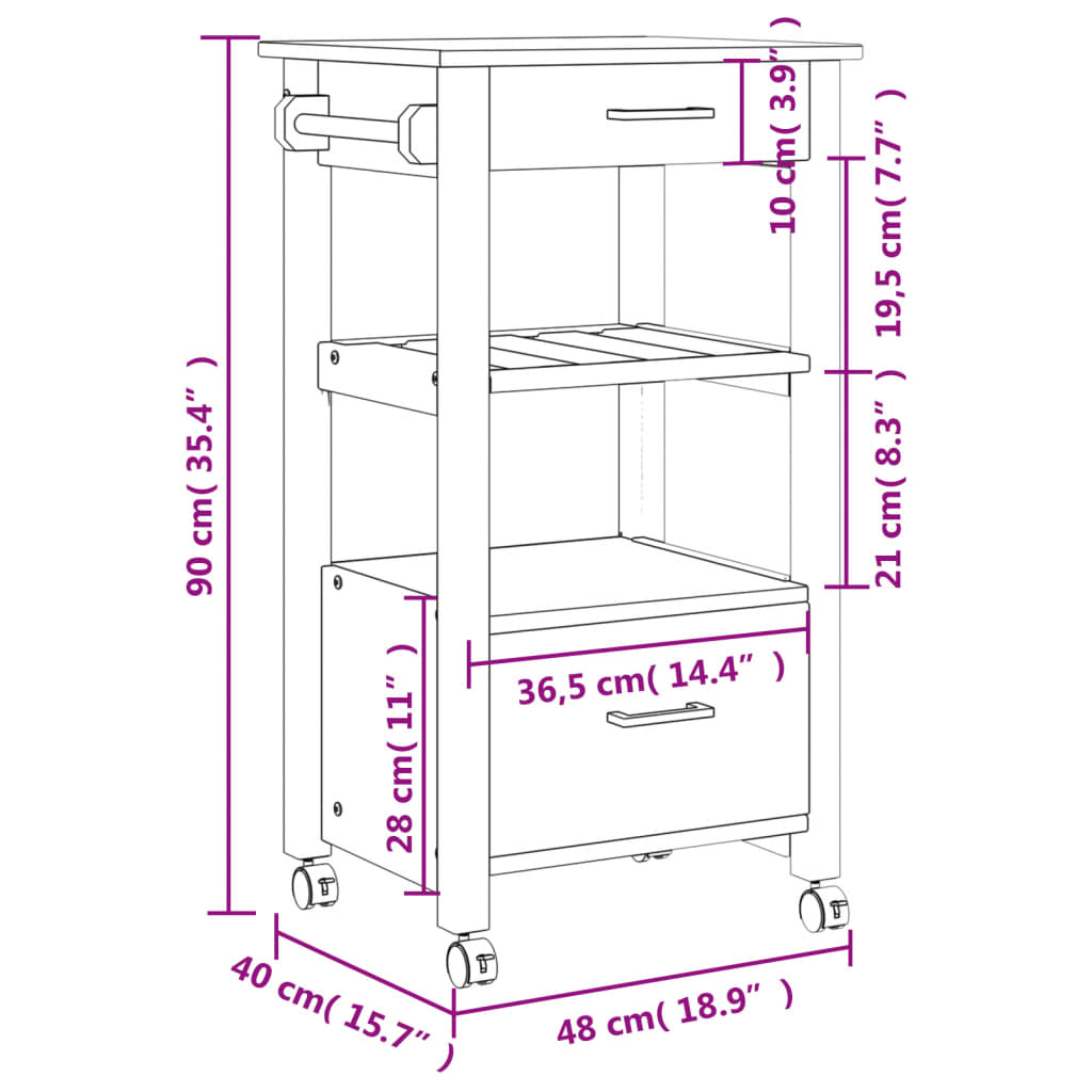 Kitchen Trolley MONZA 48x40x88.5 cm Solid Wood Pine