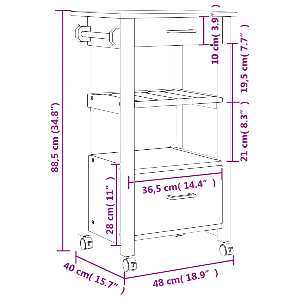 Kitchen Trolley "MONZA" 48x40x88,5 cm Solid Wood Pine