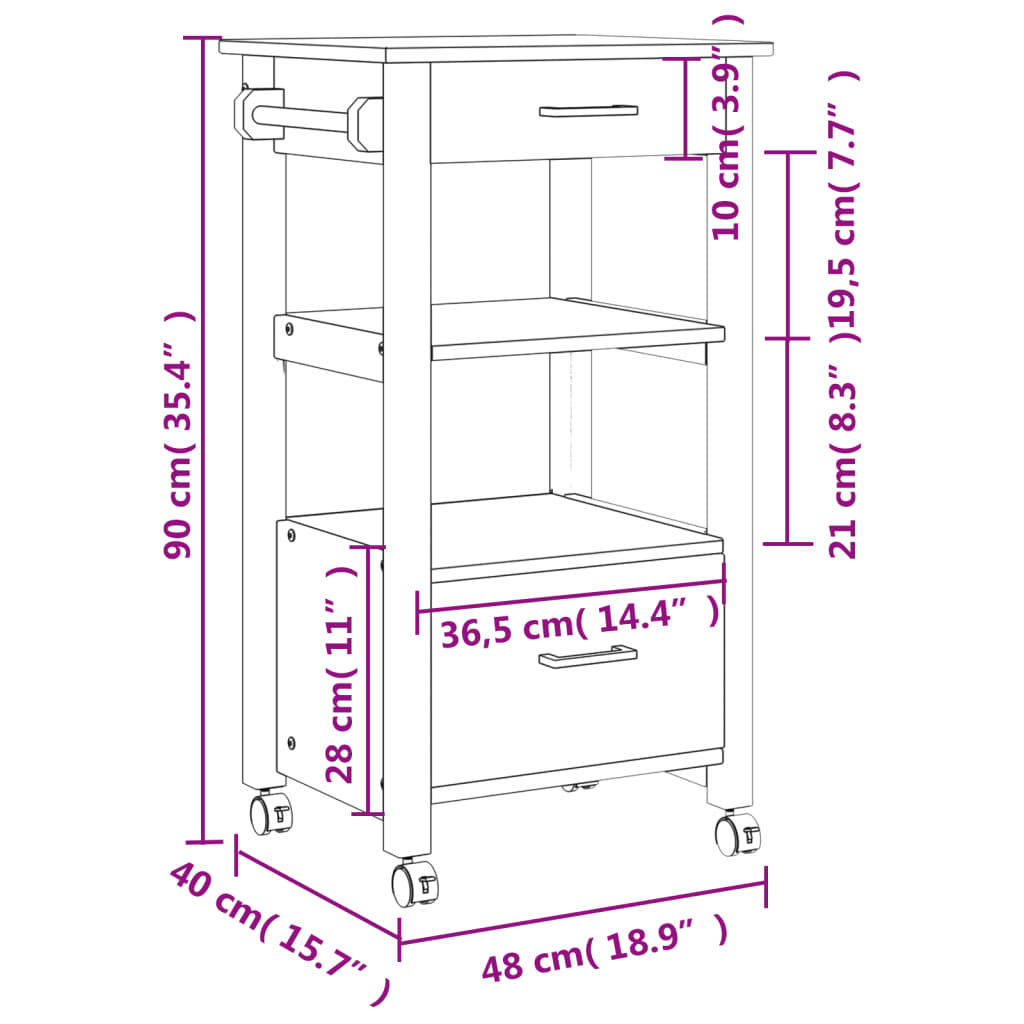 Kitchen Trolley MONZA 48x40x88.5 cm Solid Wood Pine