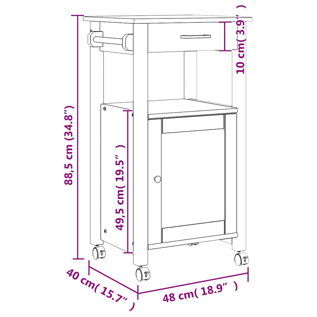 Kitchen Trolley "MONZA" 48x40x88,5 cm Solid Wood Pine