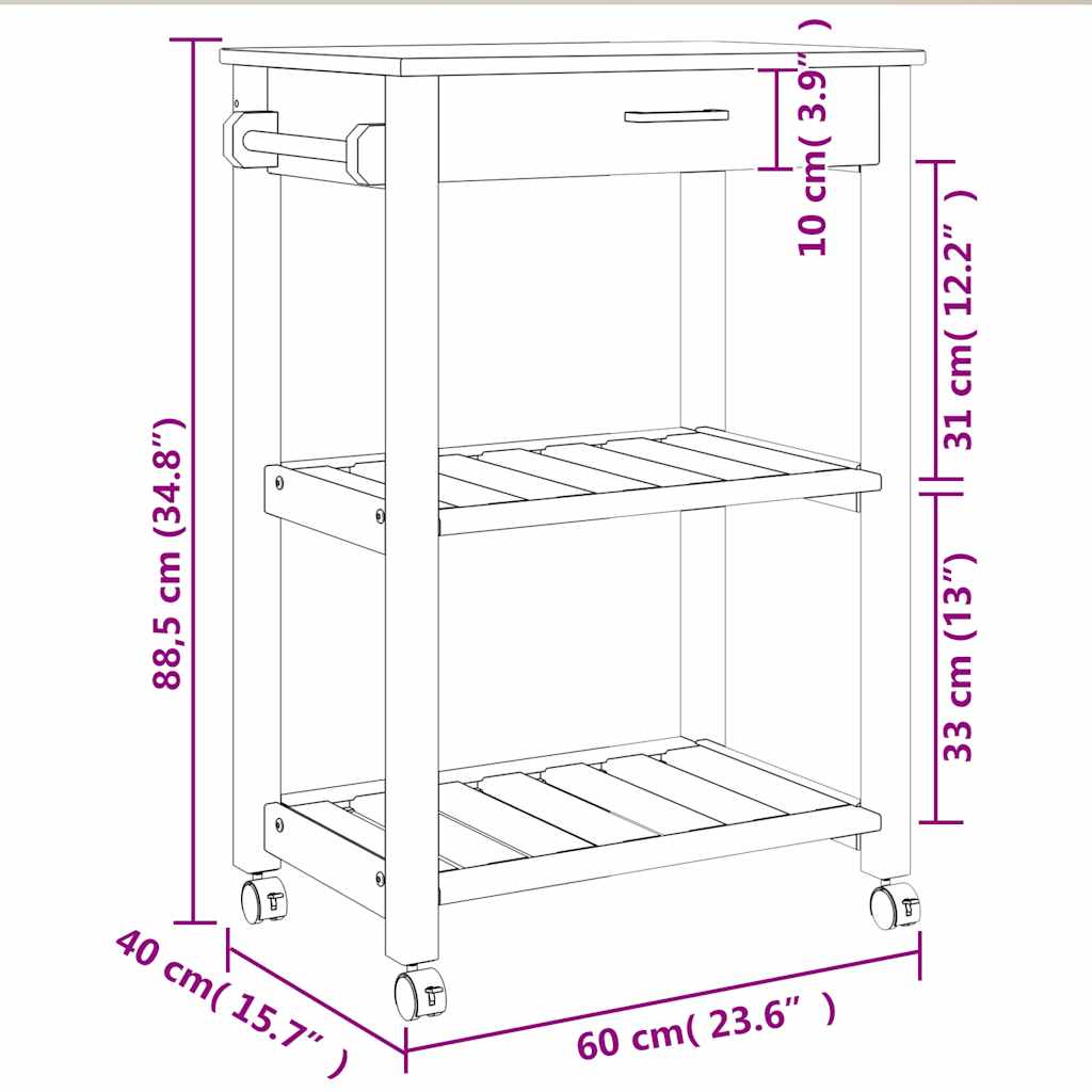 Kitchen Trolley "MONZA" 60x40x88,5 cm Solid Wood Pine