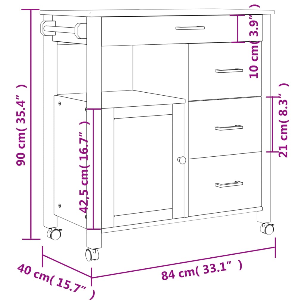 Kitchen Trolley MONZA 84x40x88.5 cm Honey Wax Solid Wood Pine