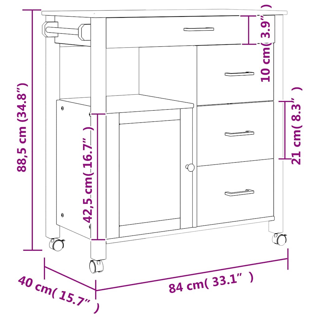 Kitchen Trolley MONZA 84x40x88.5 cm White Solid Wood Pine