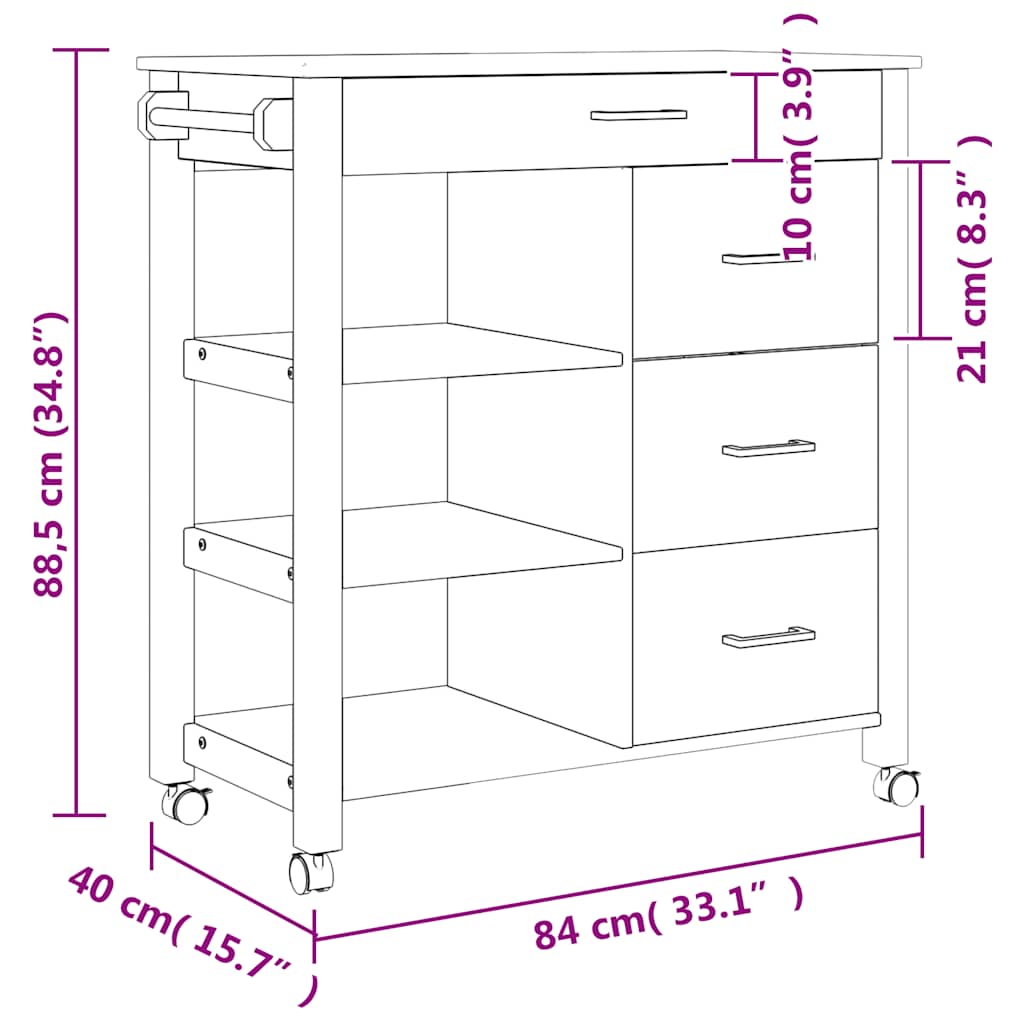 Kitchen Trolley MONZA 84x40x88.5 cm White Solid Wood Pine
