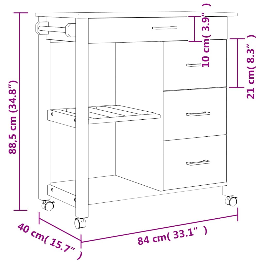 Kitchen Trolley "MONZA" 84x40x88,5 cm Solid Wood Pine