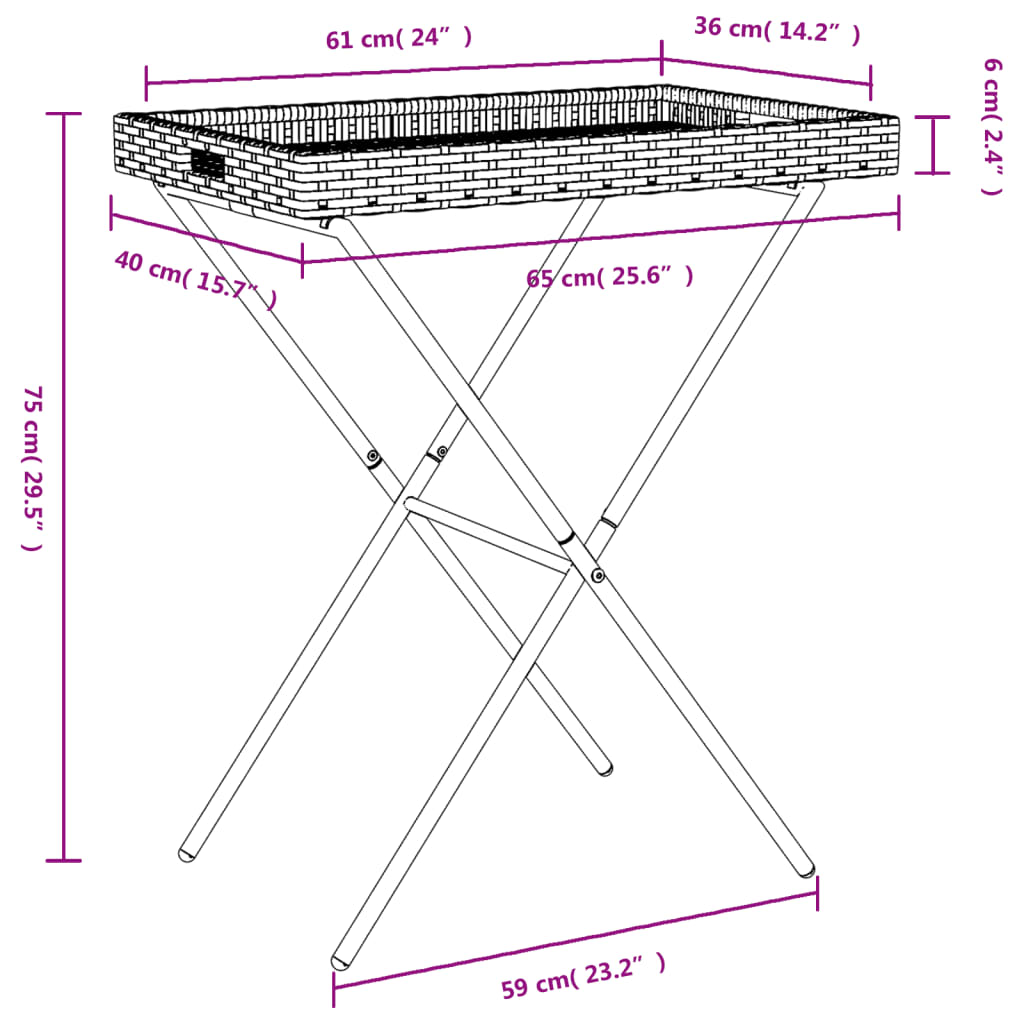 Folding Tray Table Grey 65x40x75 cm Poly Rattan