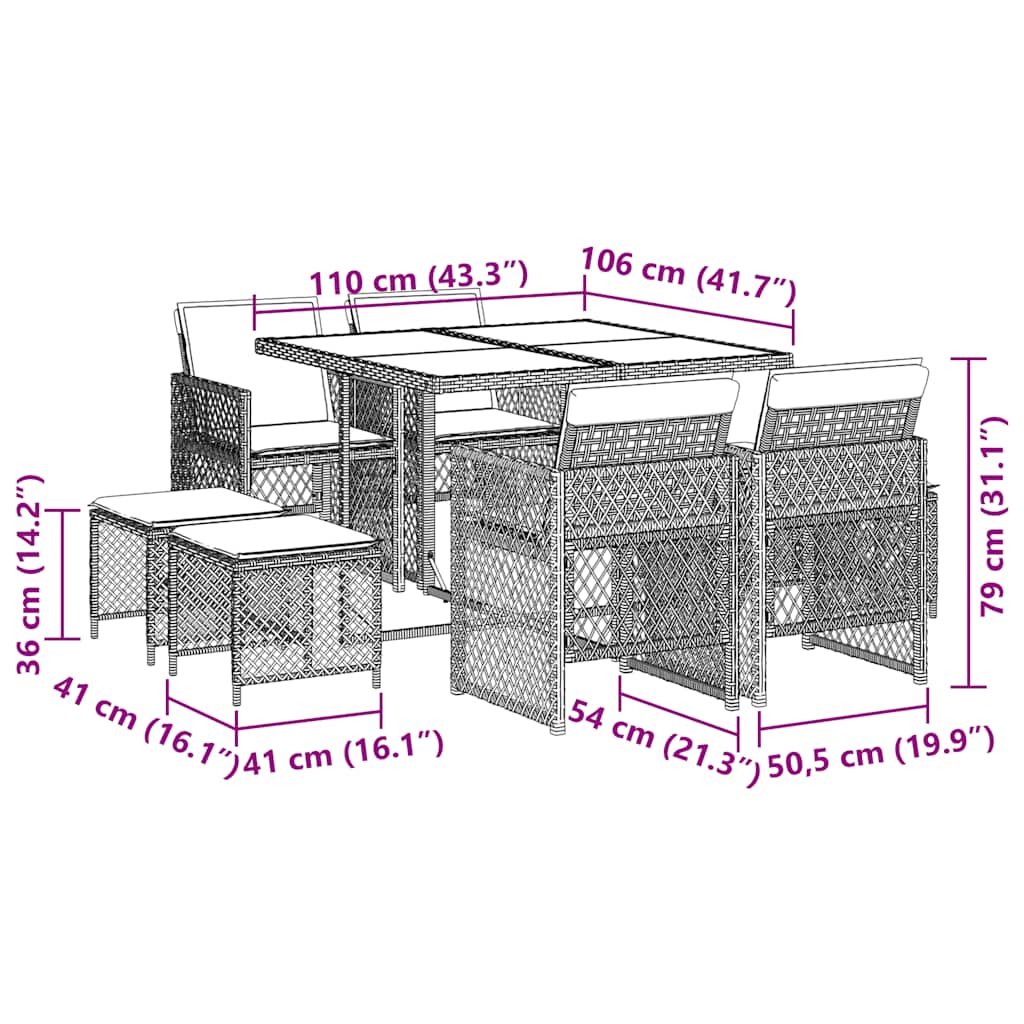 9 Piece Garden Dining Set with Cushions Grey Poly Rattan