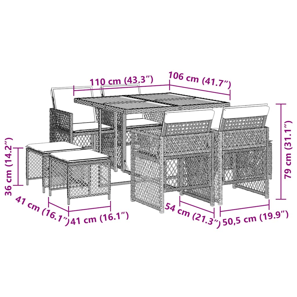 9 Piece Garden Dining Set with Cushions Grey Poly Rattan