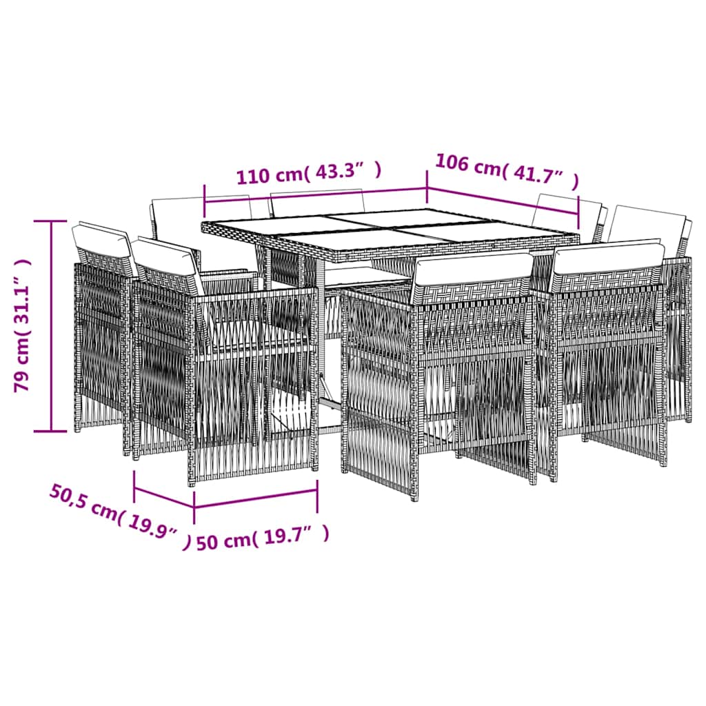 9 Piece Garden Dining Set with Cushions Grey Poly Rattan