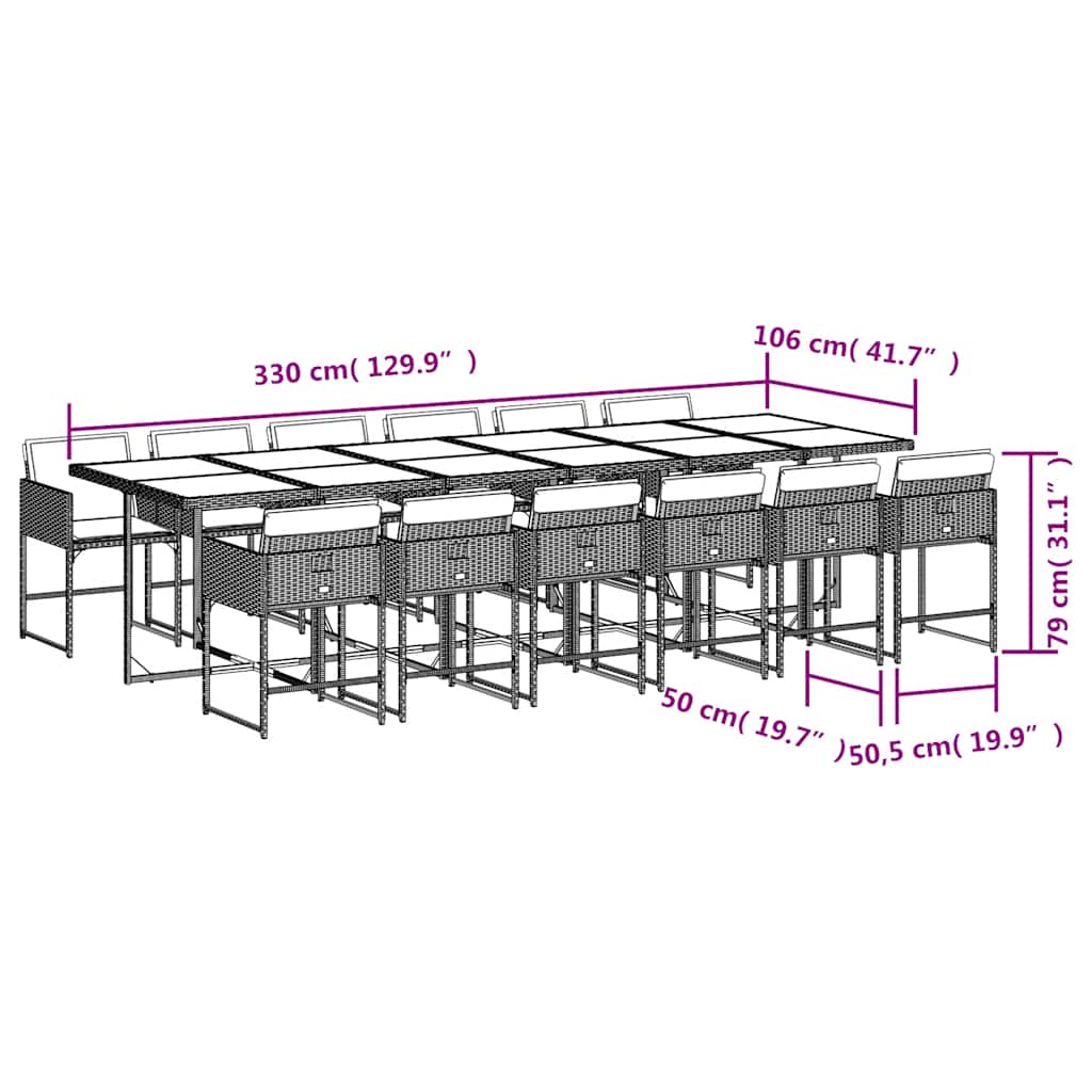 13 Piece Garden Dining Set with Cushions Brown Poly Rattan