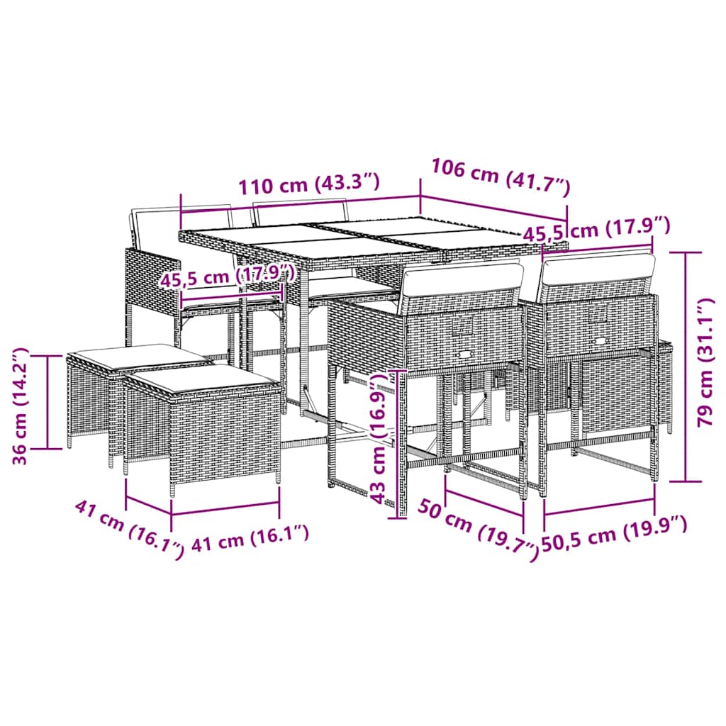 9 Piece Garden Dining Set with Cushions Grey Poly Rattan