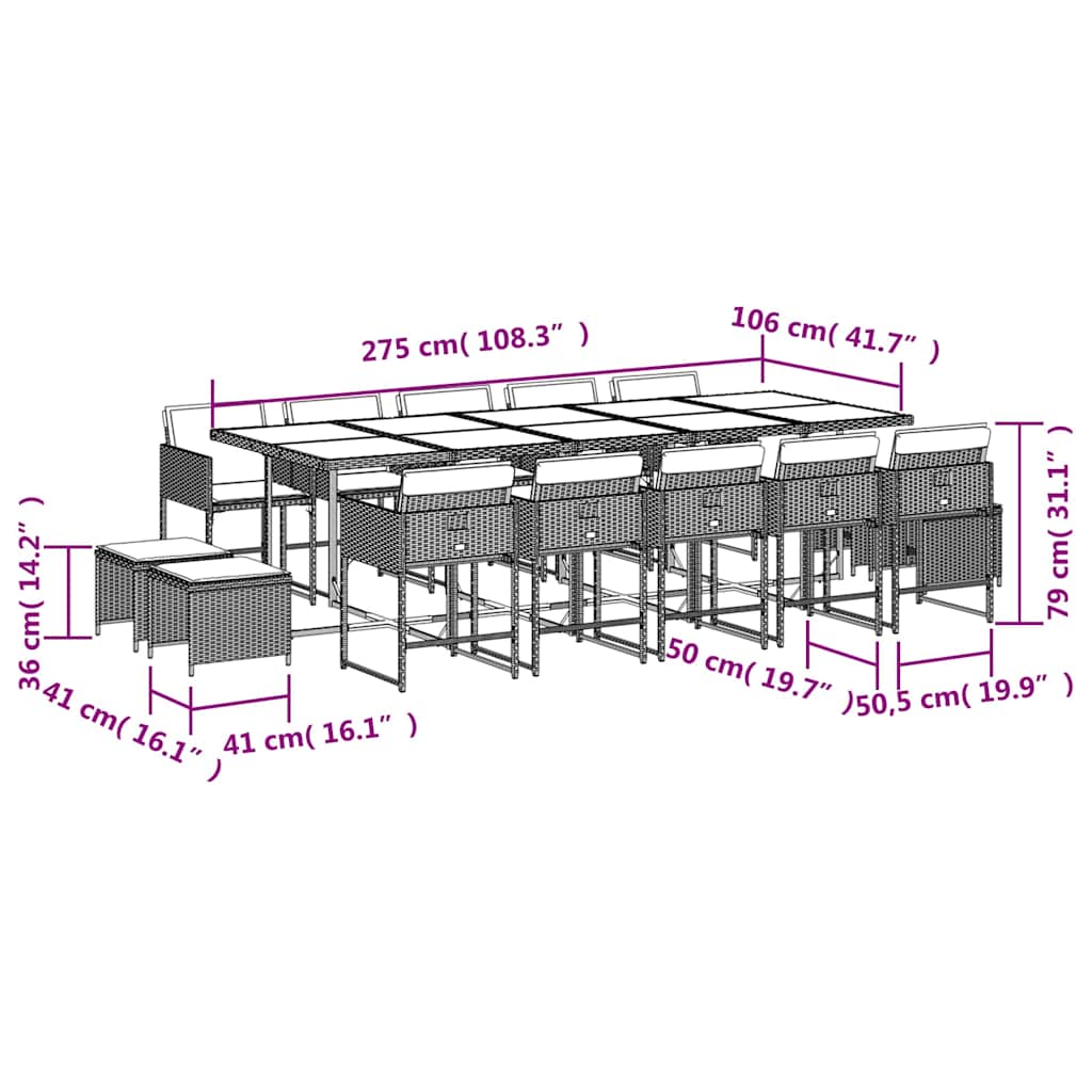 15 Piece Garden Dining Set with Cushions Light Grey Poly Rattan