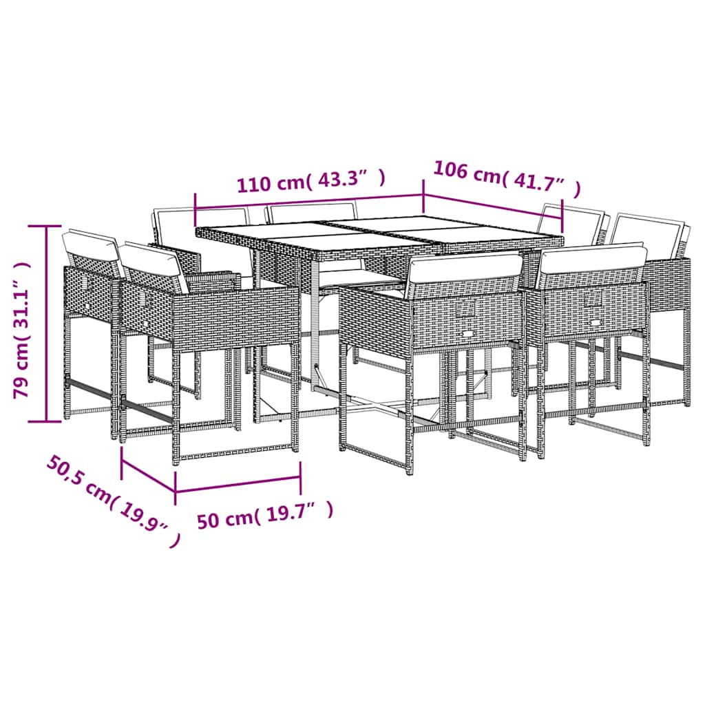 9 Piece Garden Dining Set with Cushions Grey Poly Rattan