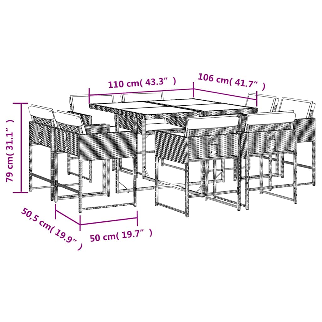 9 Piece Garden Dining Set with Cushions Grey Poly Rattan