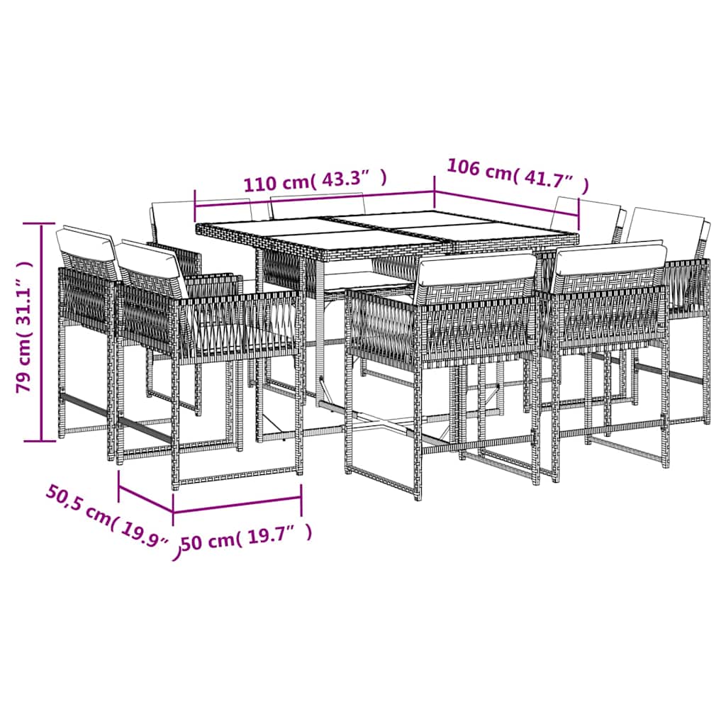 9 Piece Garden Dining Set with Cushions Black Poly Rattan