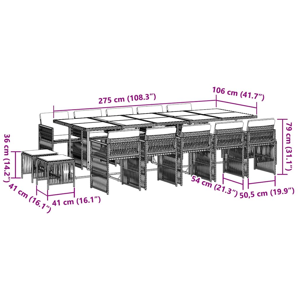 15 Piece Garden Dining Set with Cushions Grey Poly Rattan