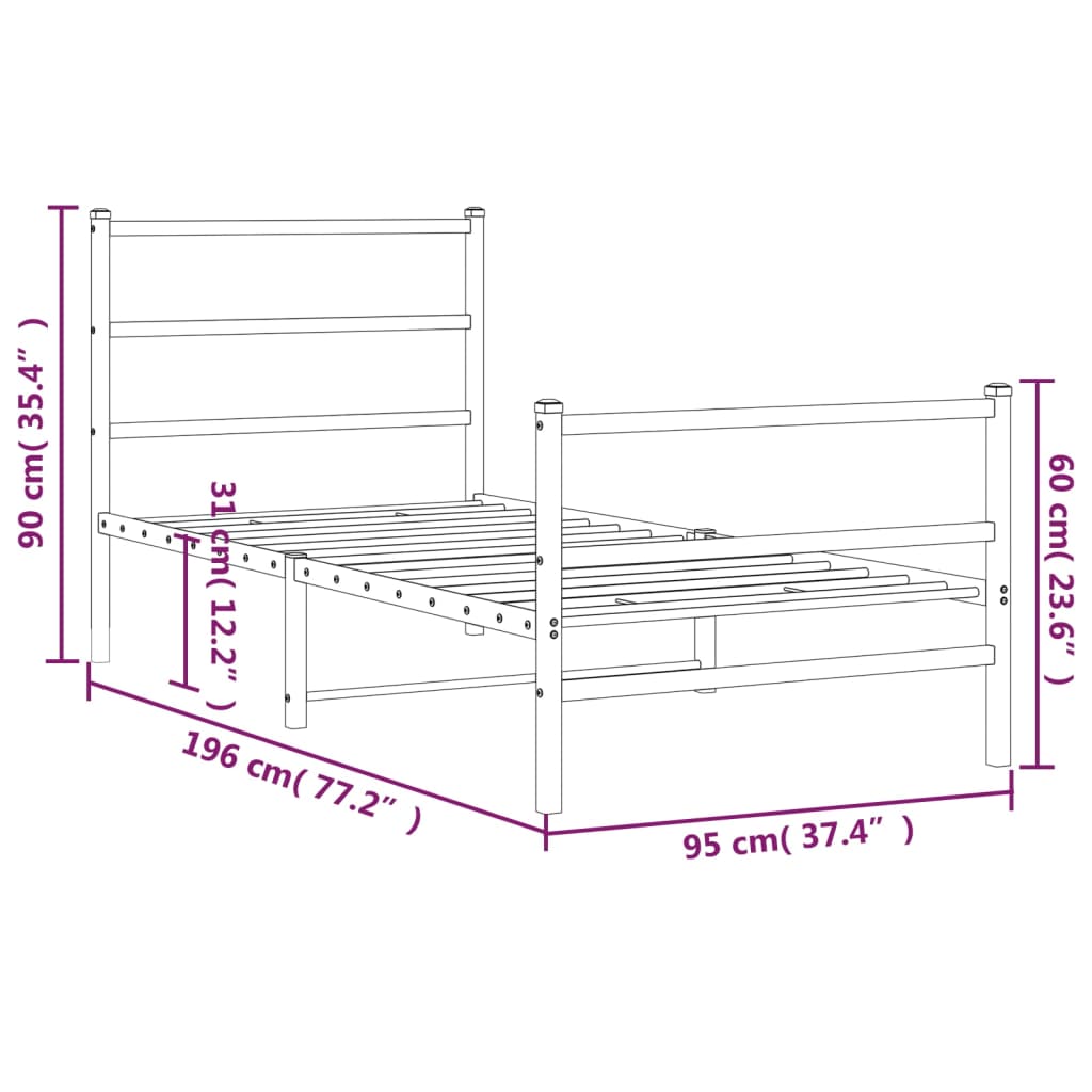 Metal Bed Frame without Mattress with Footboard White 90x190cm