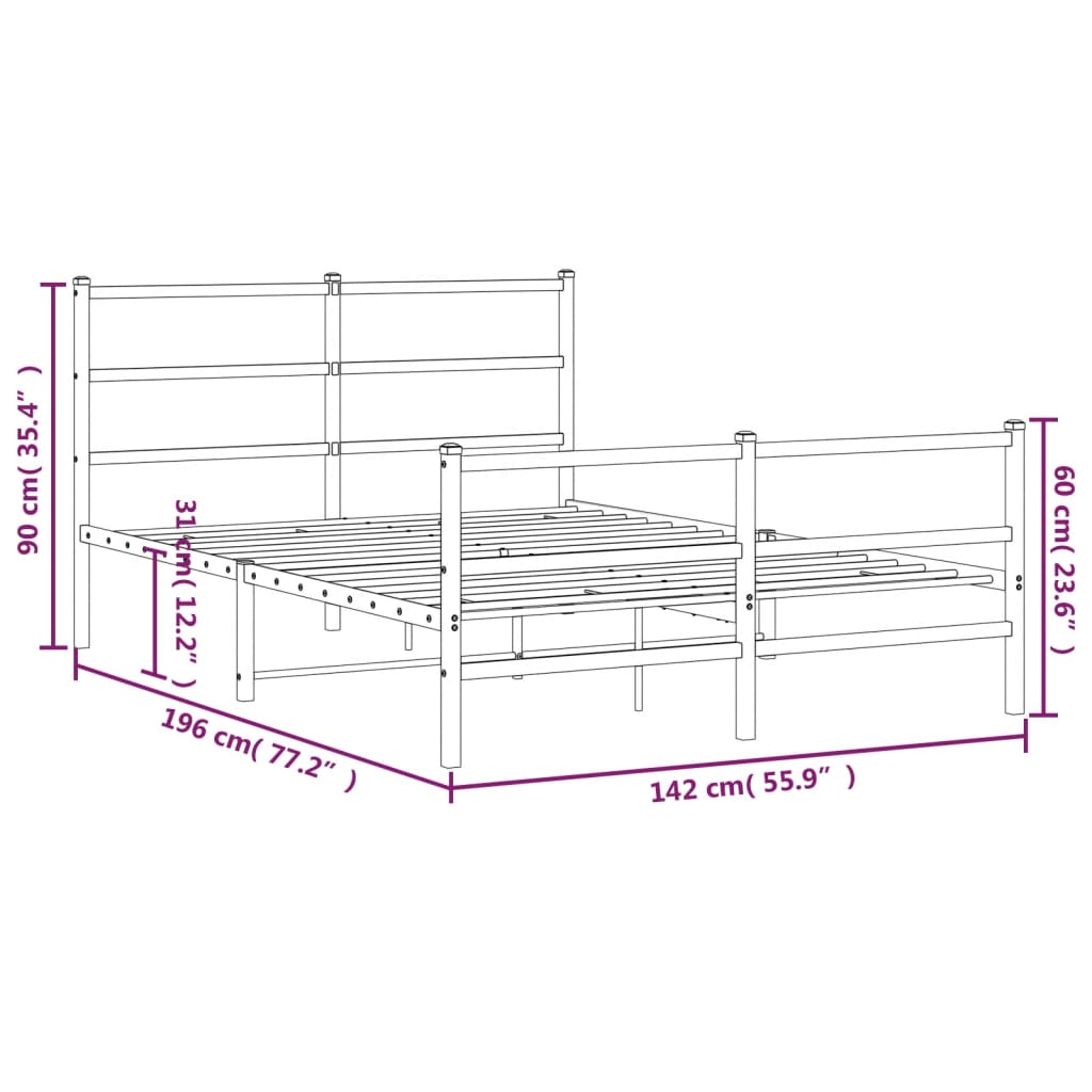Metal Bed Frame without Mattress with Footboard White 135x190cm