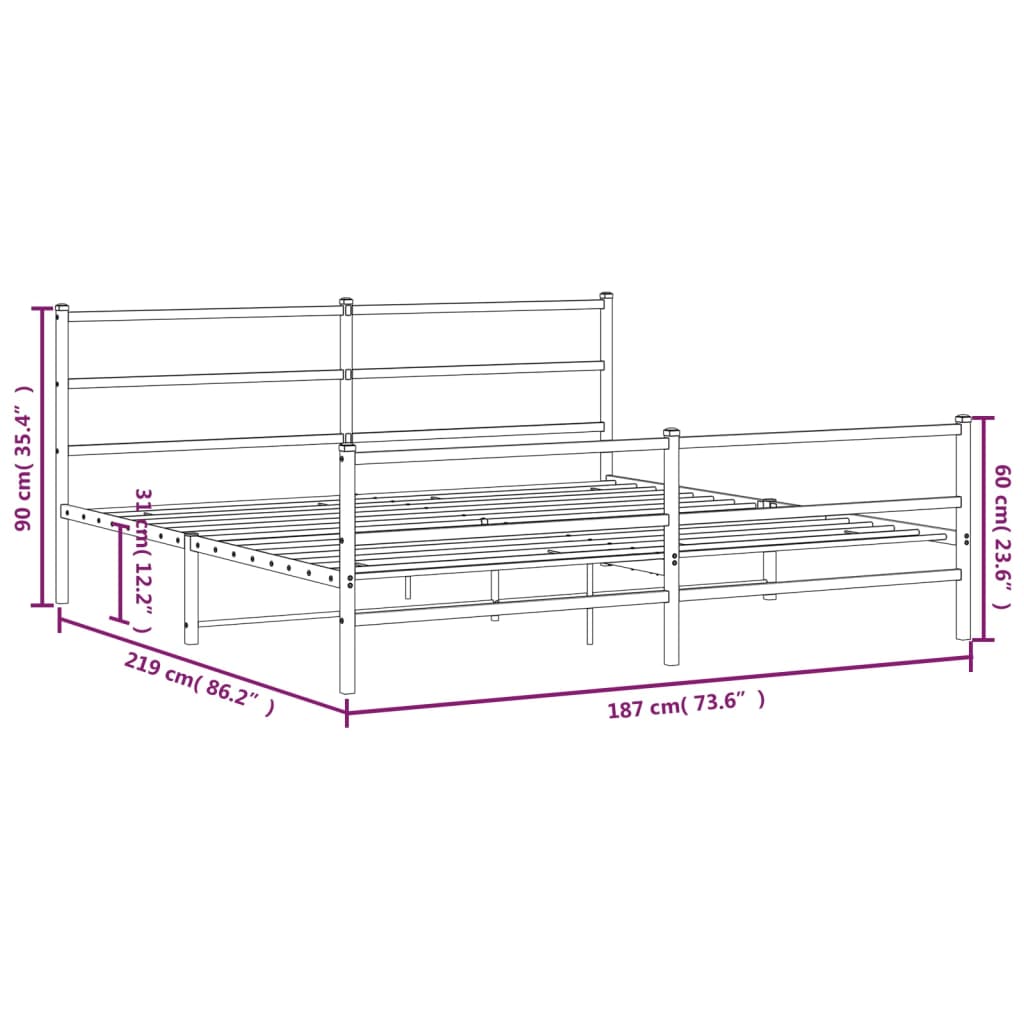 Metal Bed Frame without Mattress with Footboard White 183x213cm