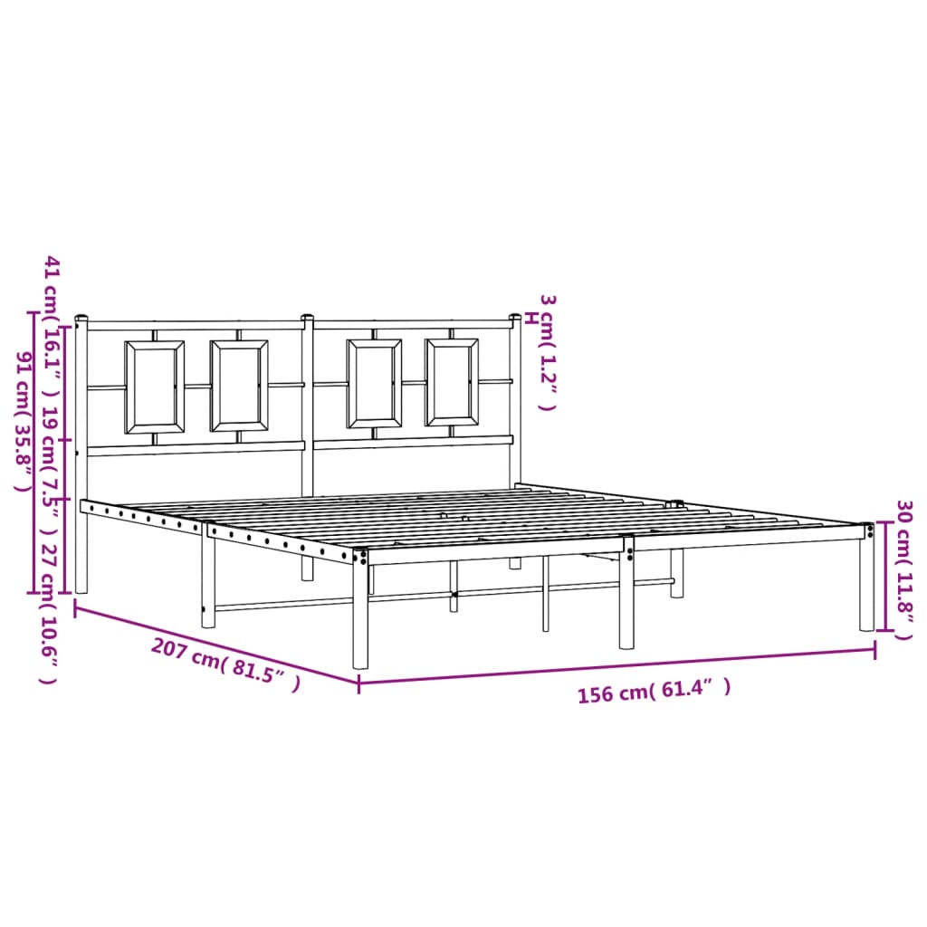 Metal Bed Frame without Mattress with Headboard Black 150x200cm