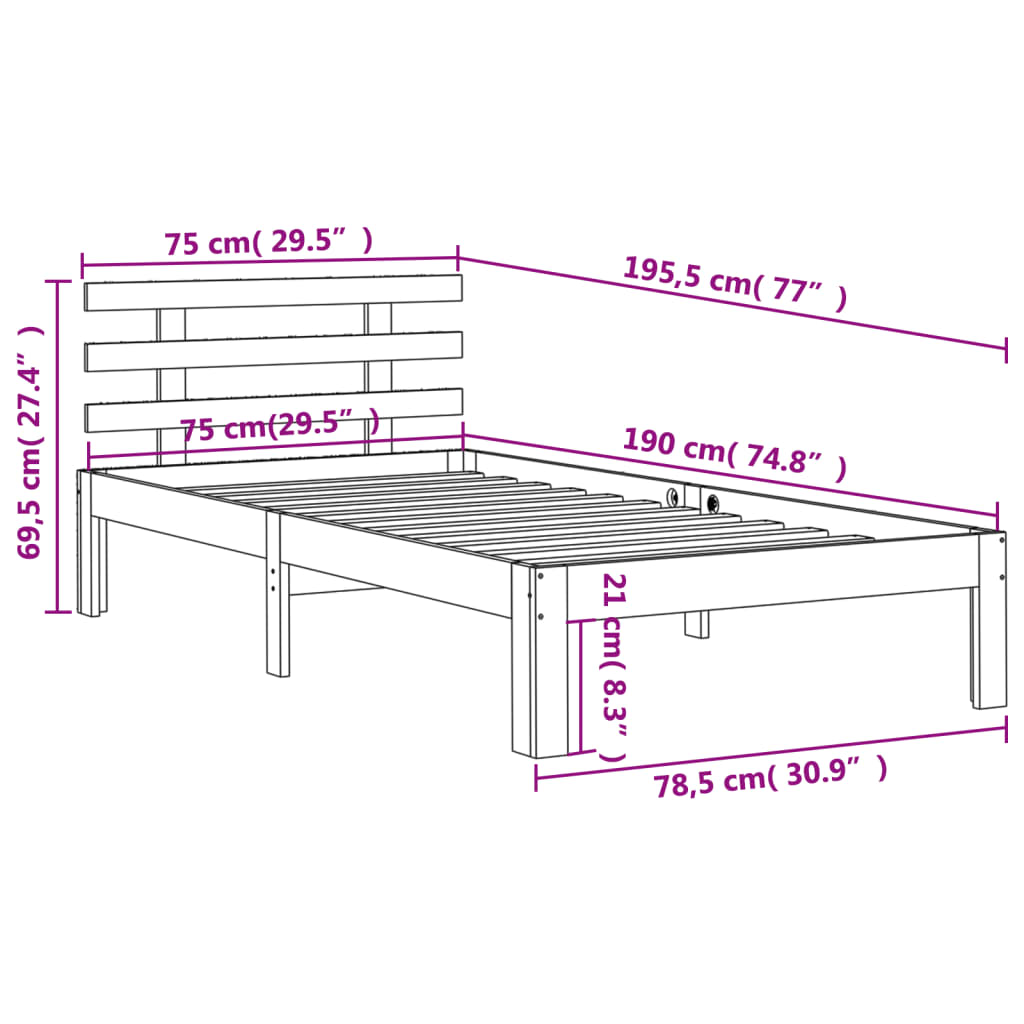 Bed Frame without Mattress Wax Brown 75x190 cm Small Single Solid Wood Pine
