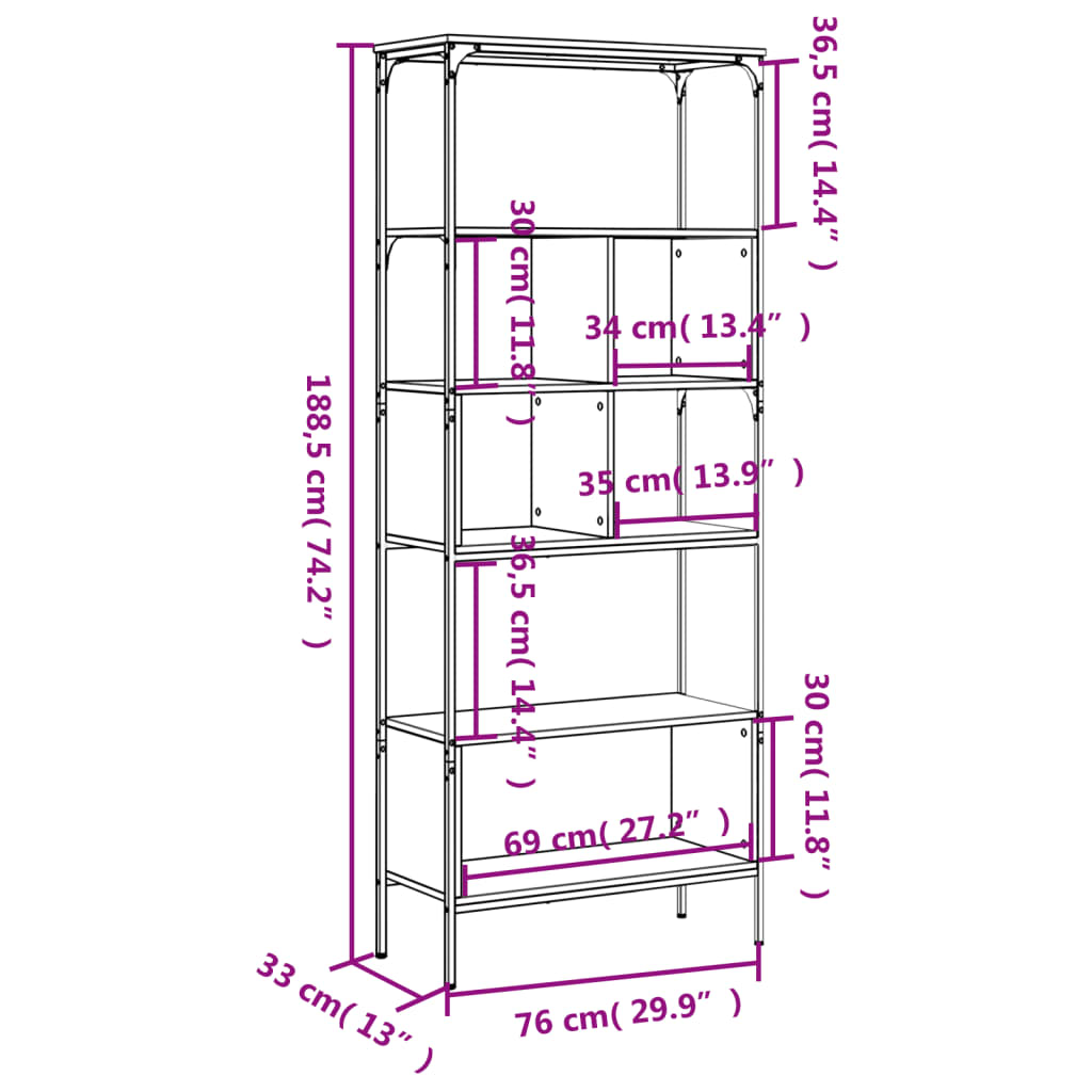 Bookcase 5-Tier Sonoma Oak 76x33x188,5 cm Engineered Wood