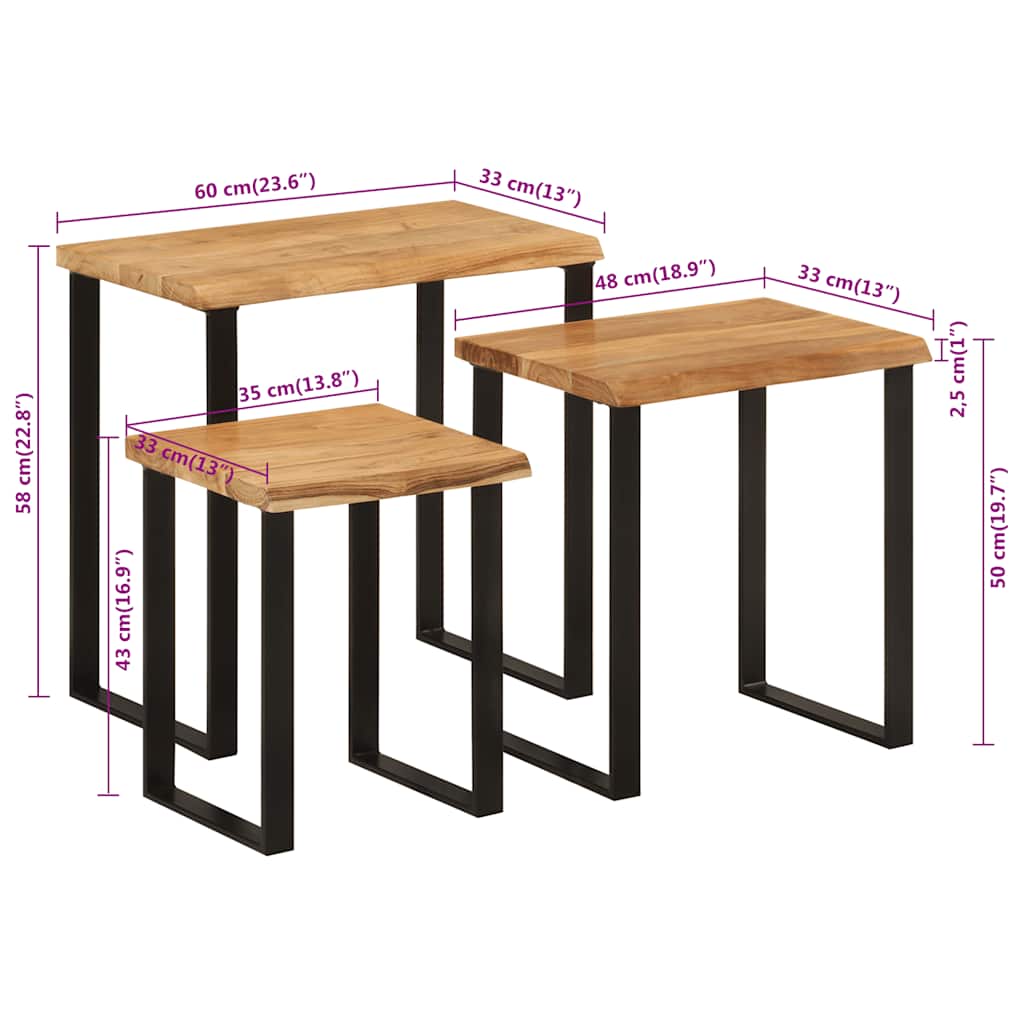 Nesting Tables 3 pcs with Live Edge Solid Wood Acacia