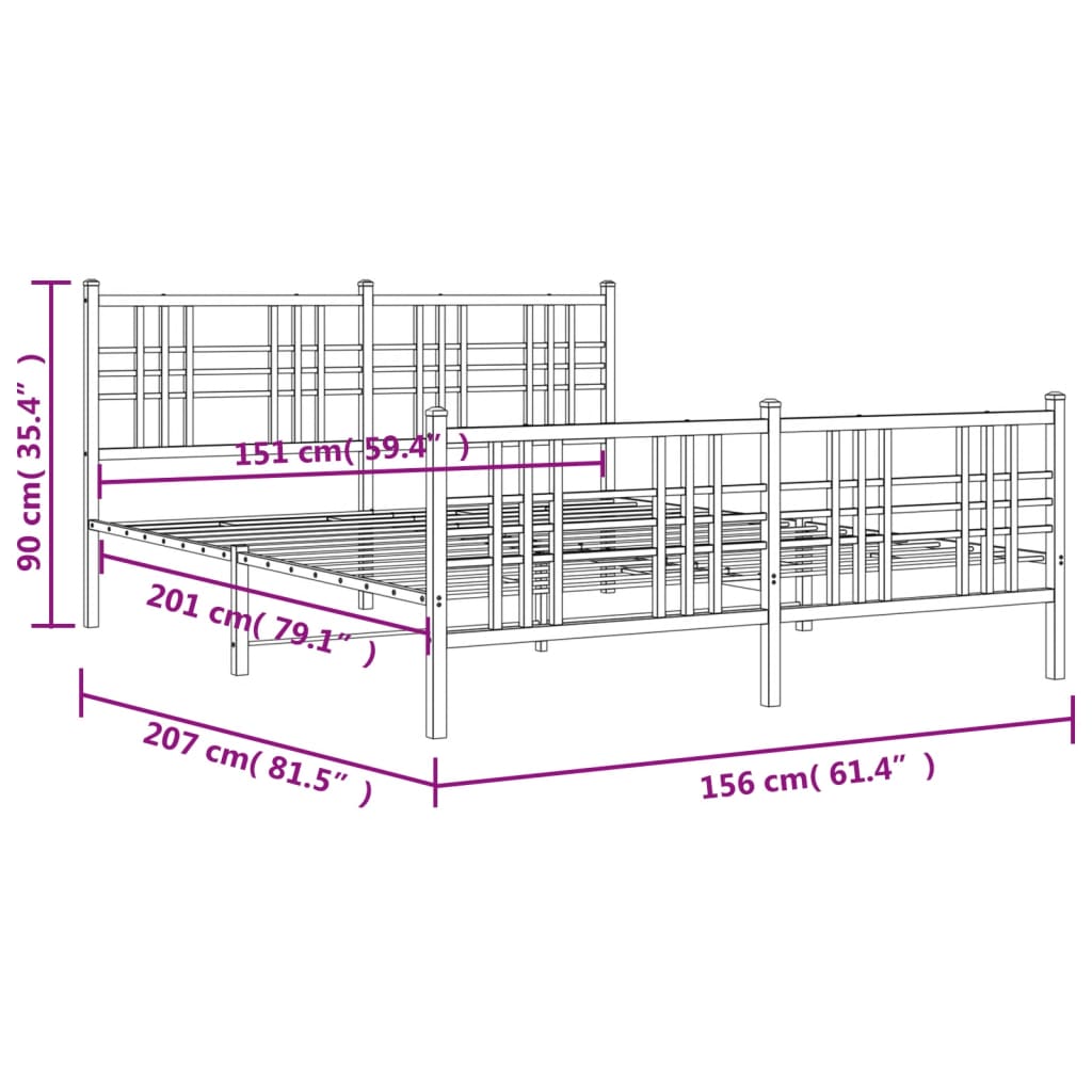 Metal Bed Frame without Mattress with Footboard Black 150x200cm