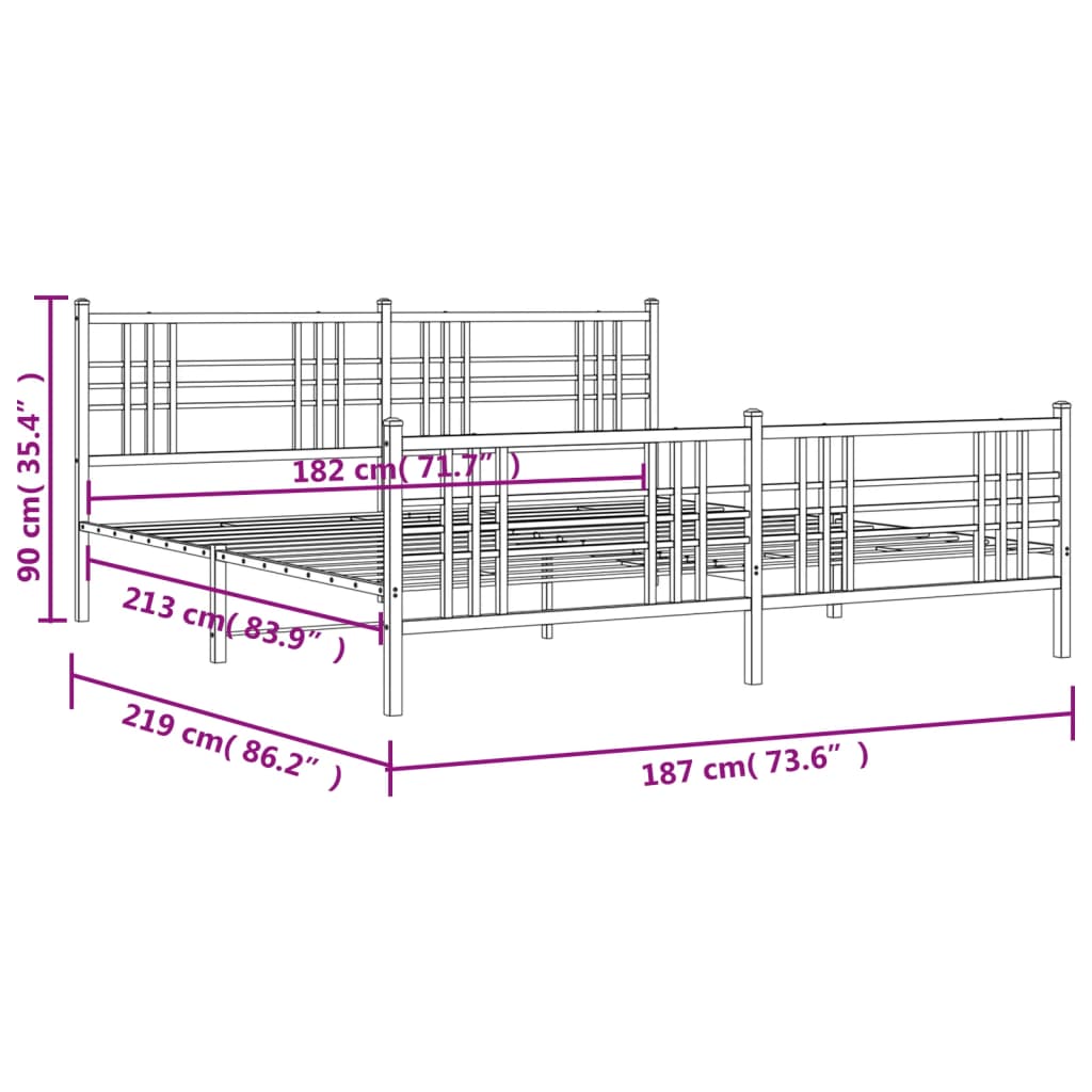 Metal Bed Frame without Mattress with Footboard White 183x213cm