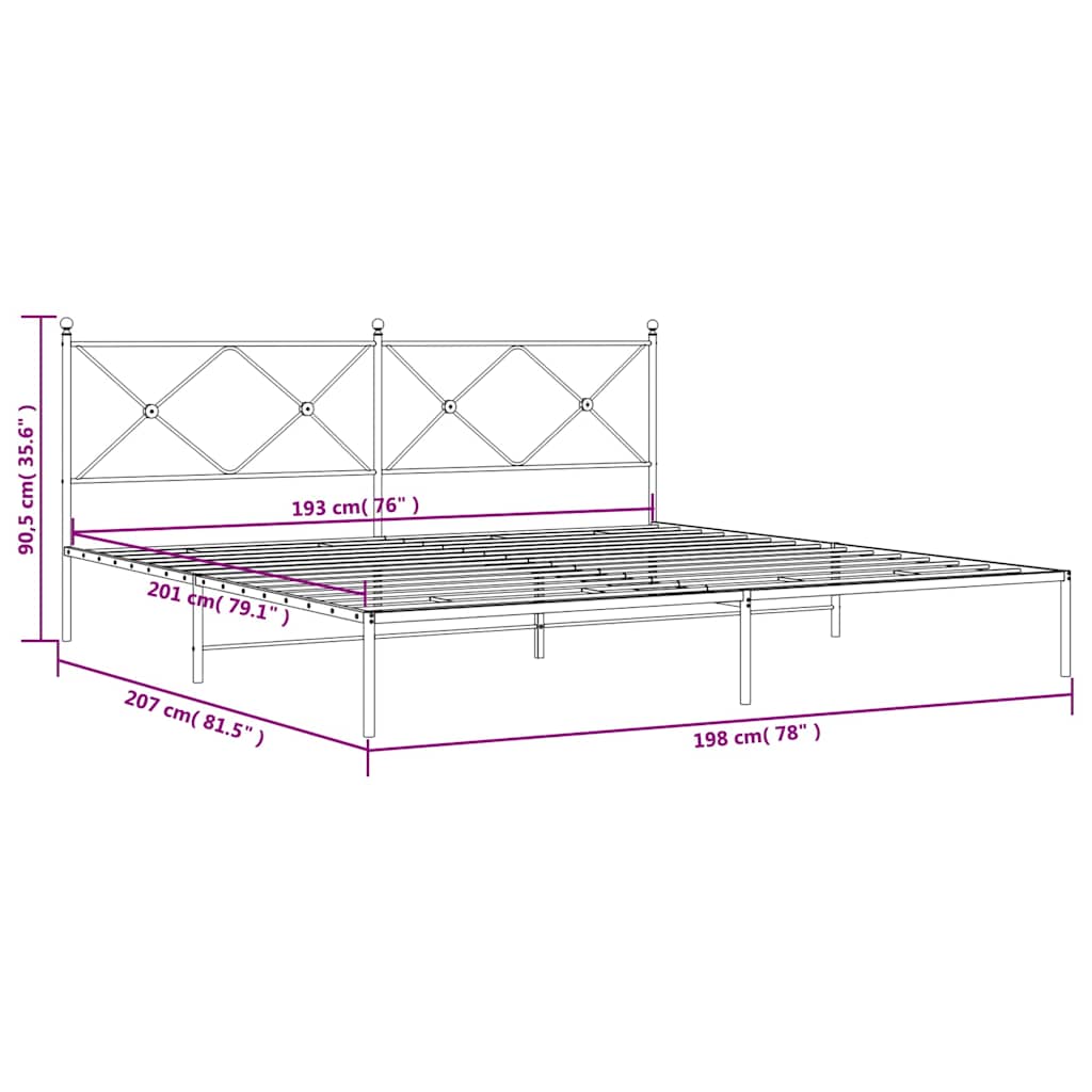 Metal Bed Frame without Mattress with Headboard Black 193x203cm