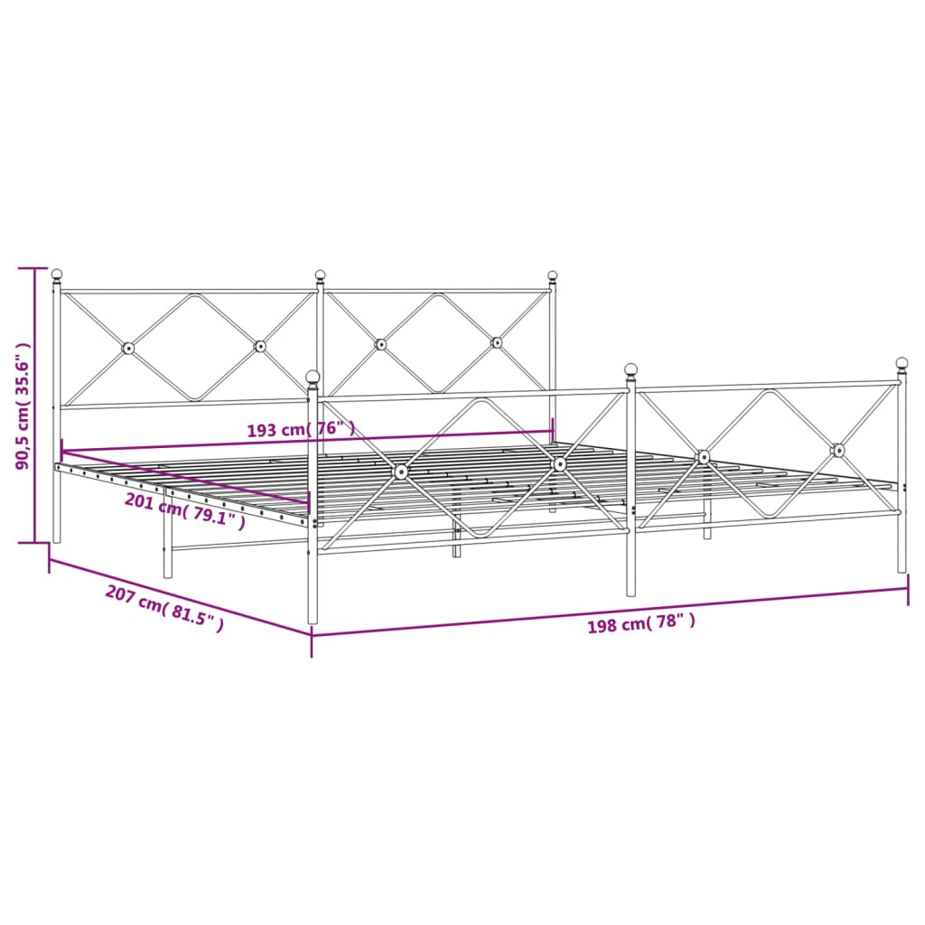 Metal Bed Frame without Mattress with Footboard Black 193x203cm