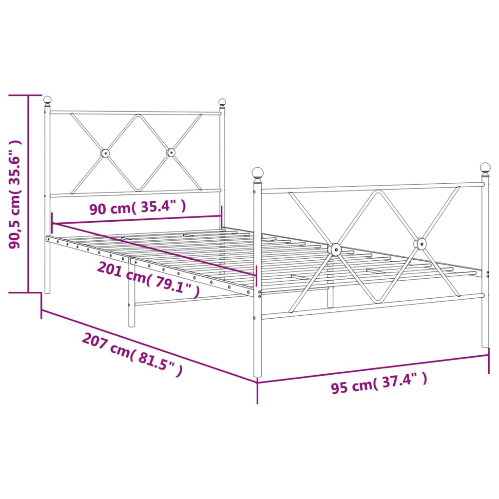 Metal Bed Frame without Mattress with Footboard White 90x200cm