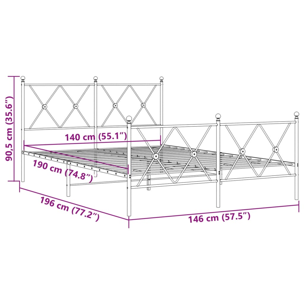 Metal Bed Frame without Mattress with Footboard White 140x190cm