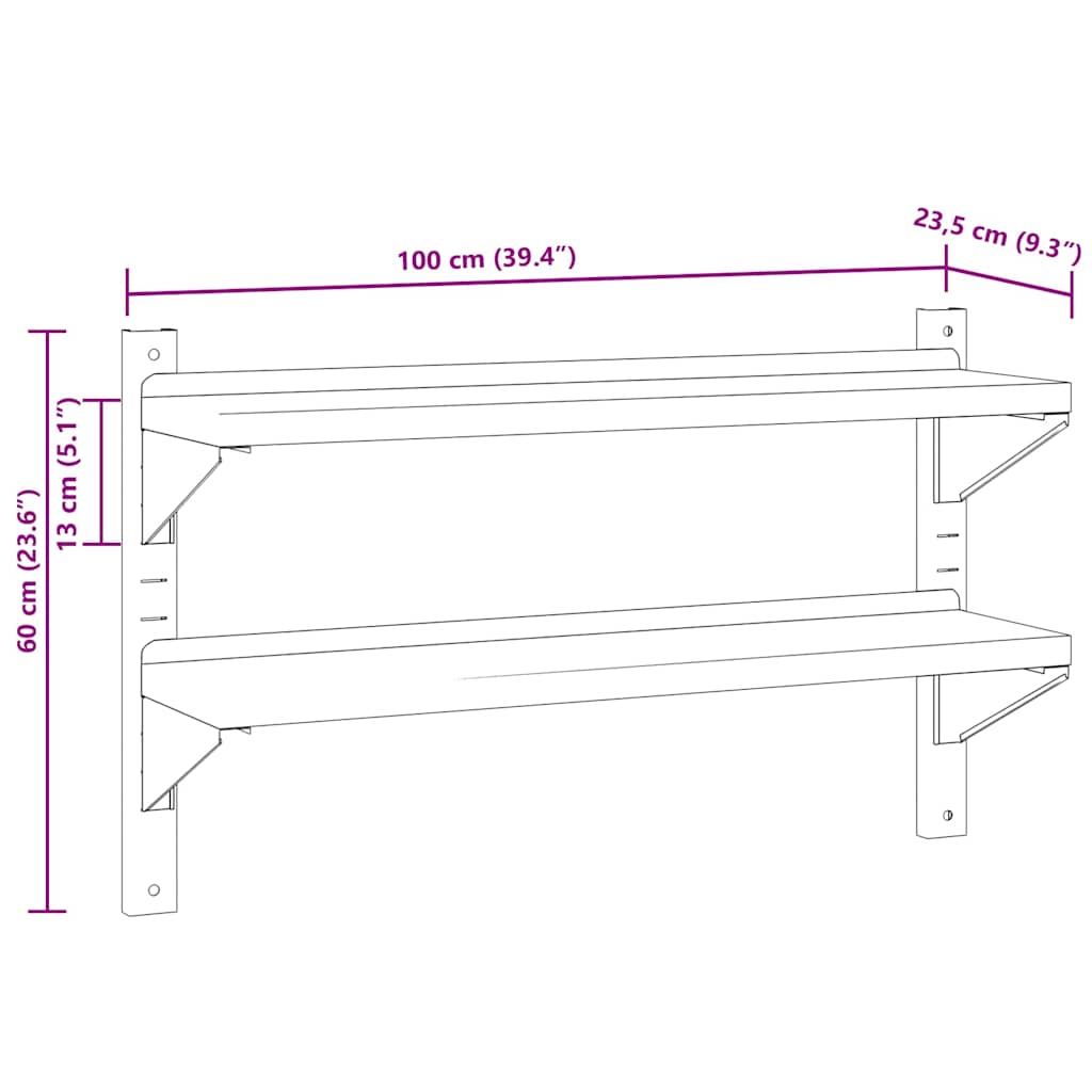 2-Tier Wall Shelf 100x23,5x60 cm Silver Stainless Steel
