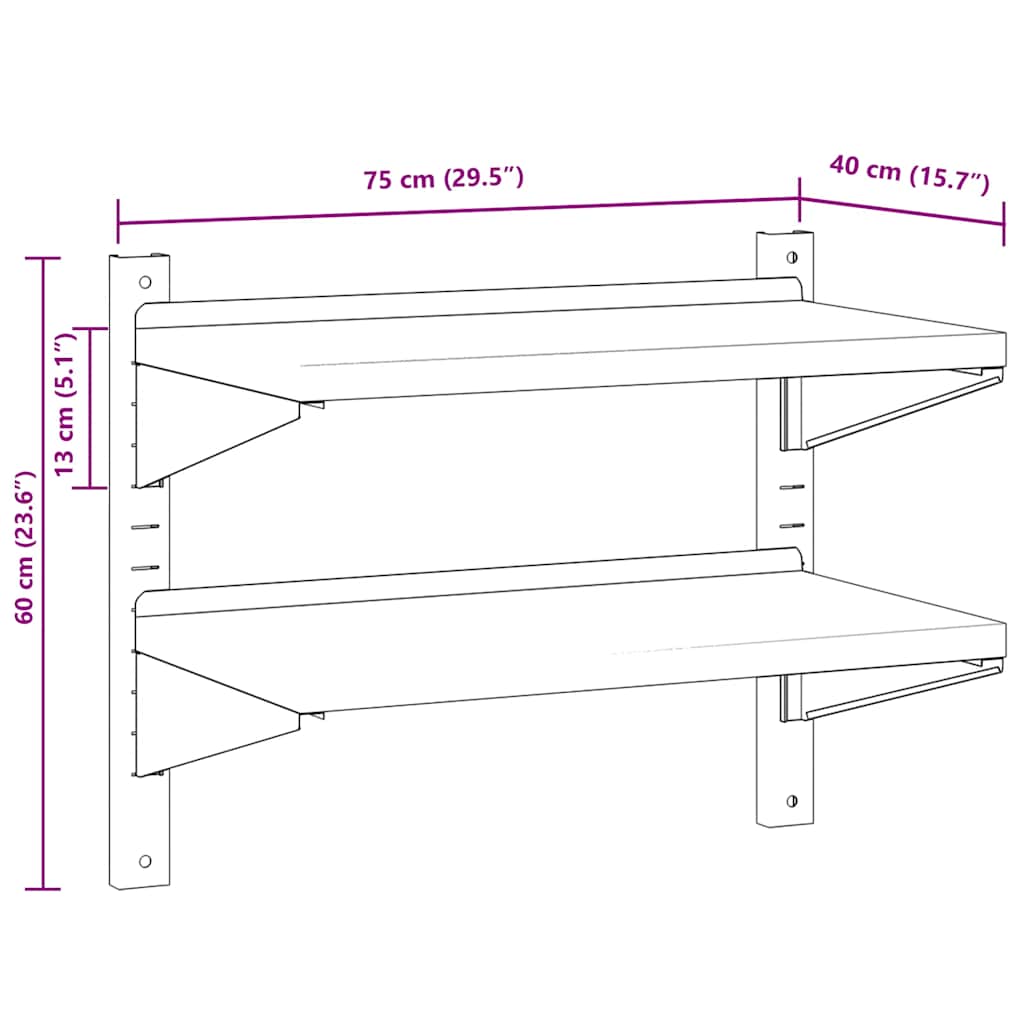 2-Tier Wall Shelf 75x40x60 cm Silver Stainless Steel