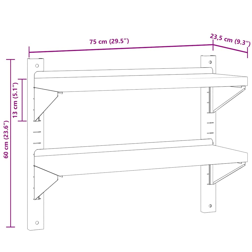 2-Tier Wall Shelf 75x23,5x60 cm Silver Stainless Steel