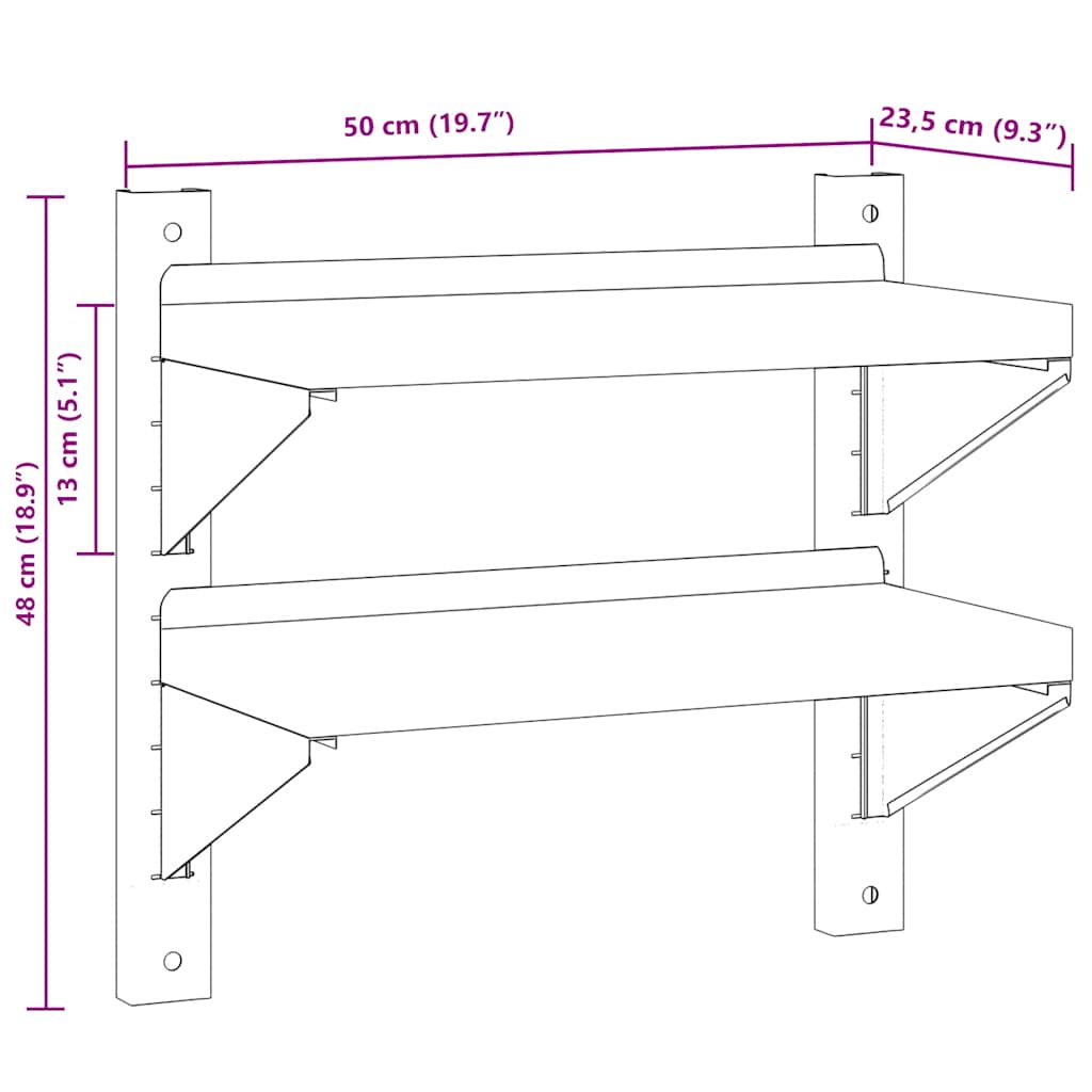 2-Tier Wall Shelf 50x23,5x48 cm Silver Stainless Steel