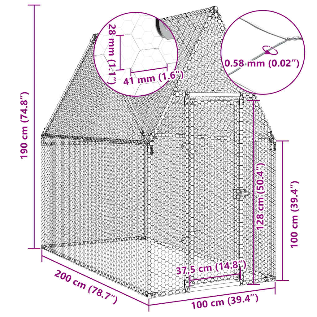 Chicken Cage Silver 200x100x190 cm Galvanised Steel