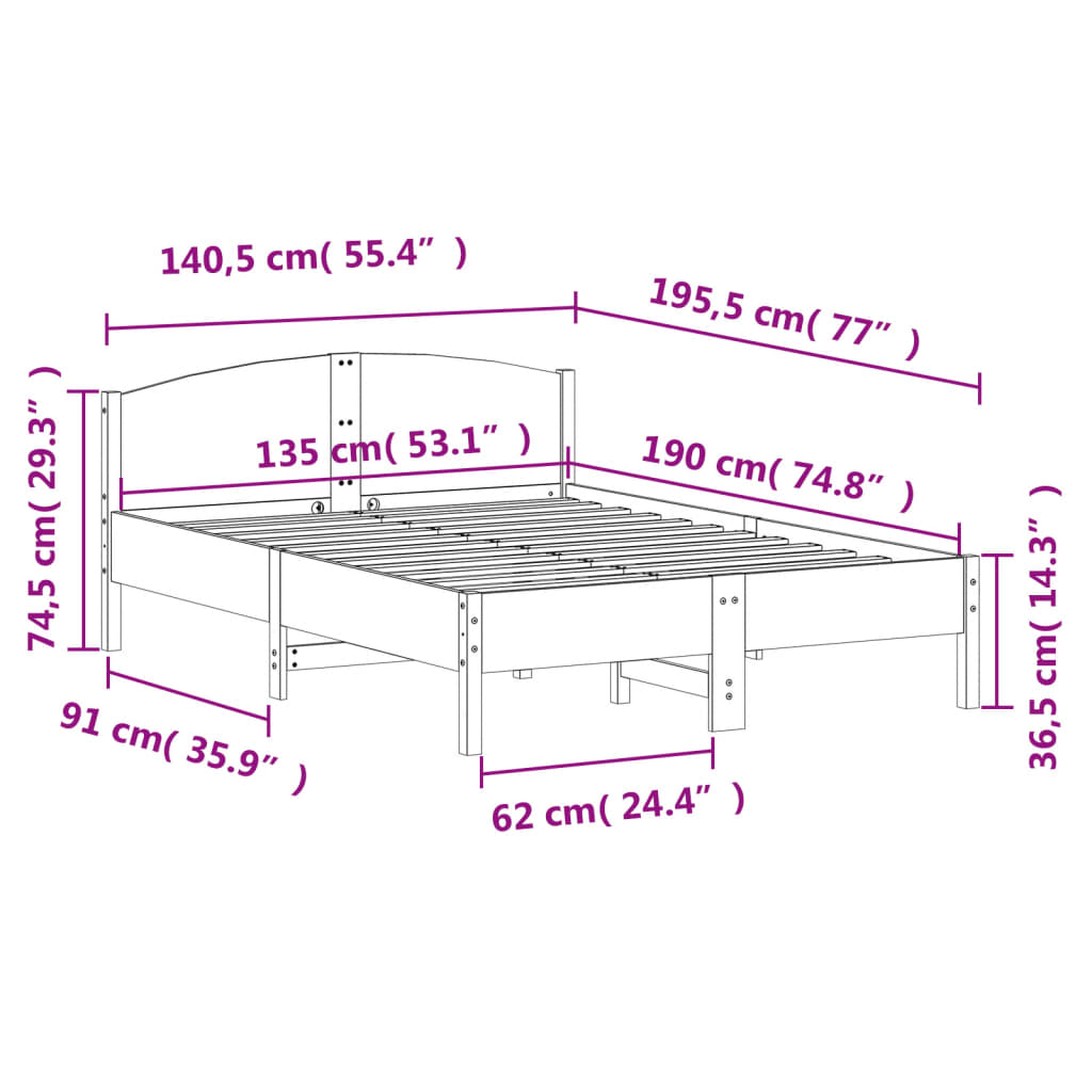 Bed Frame | Wax Brown | Solid Pine Wood | 135x190 cm Double