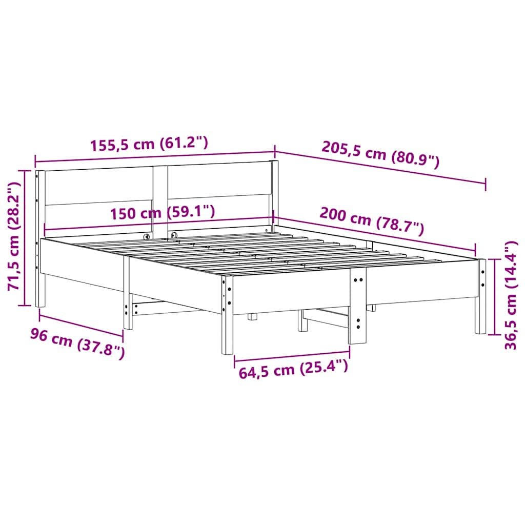 Bed Frame without Mattress White 150x200 cm King Size Solid Wood Pine
