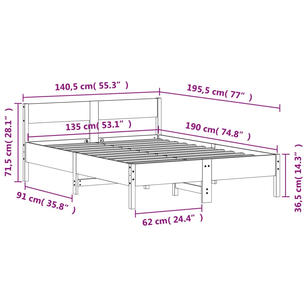 Bed Frame without Mattress White 135x190 cm Double Solid Wood Pine