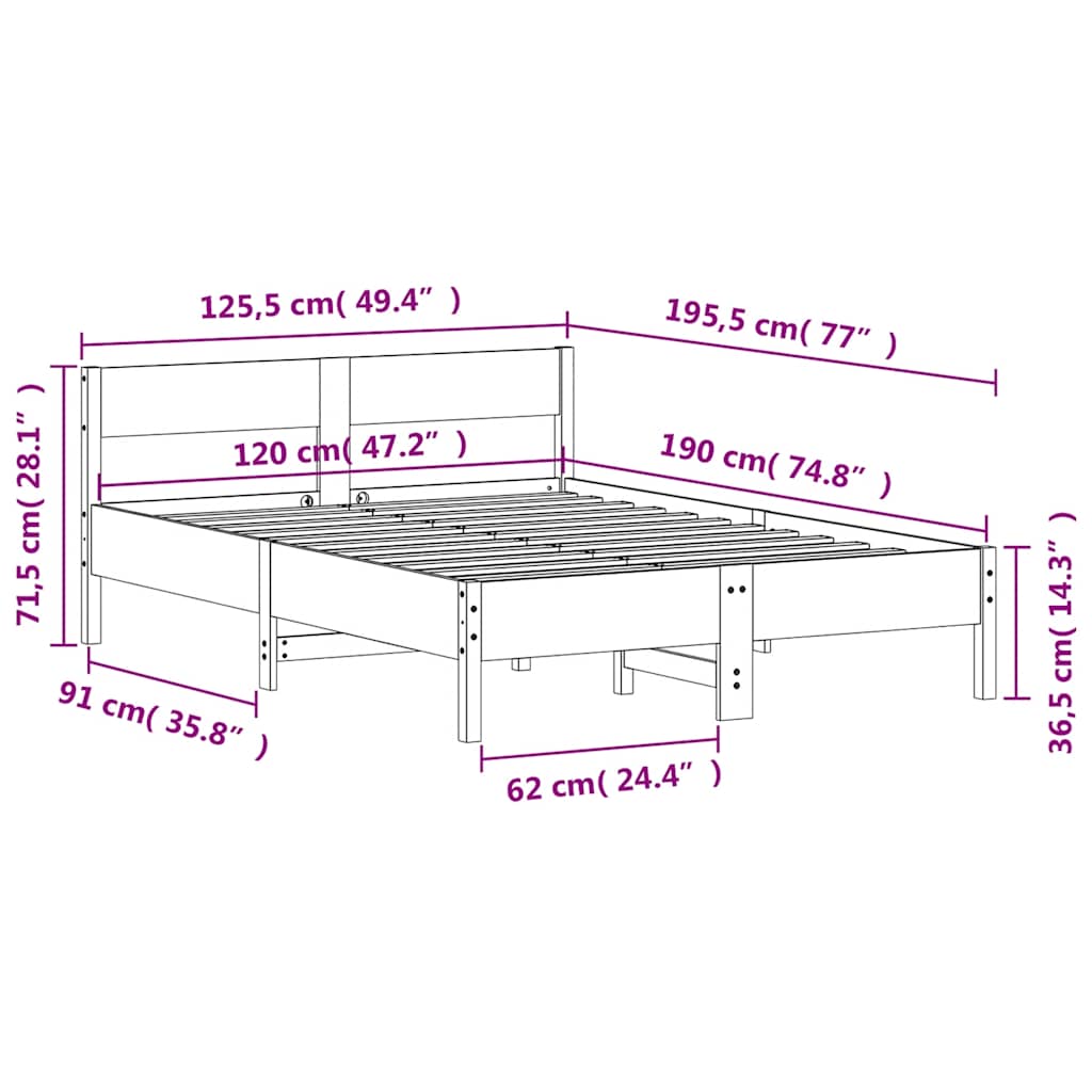 Bed Frame without Mattress Wax Brown 120x190 cm Small Double Solid Wood Pine