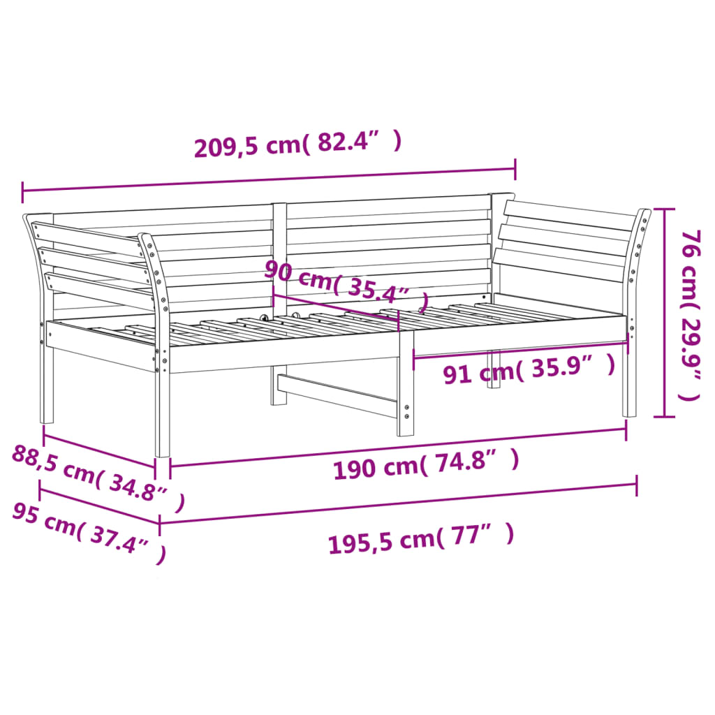 Day Bed without Mattress 90x190 cm Single Solid Wood Pine