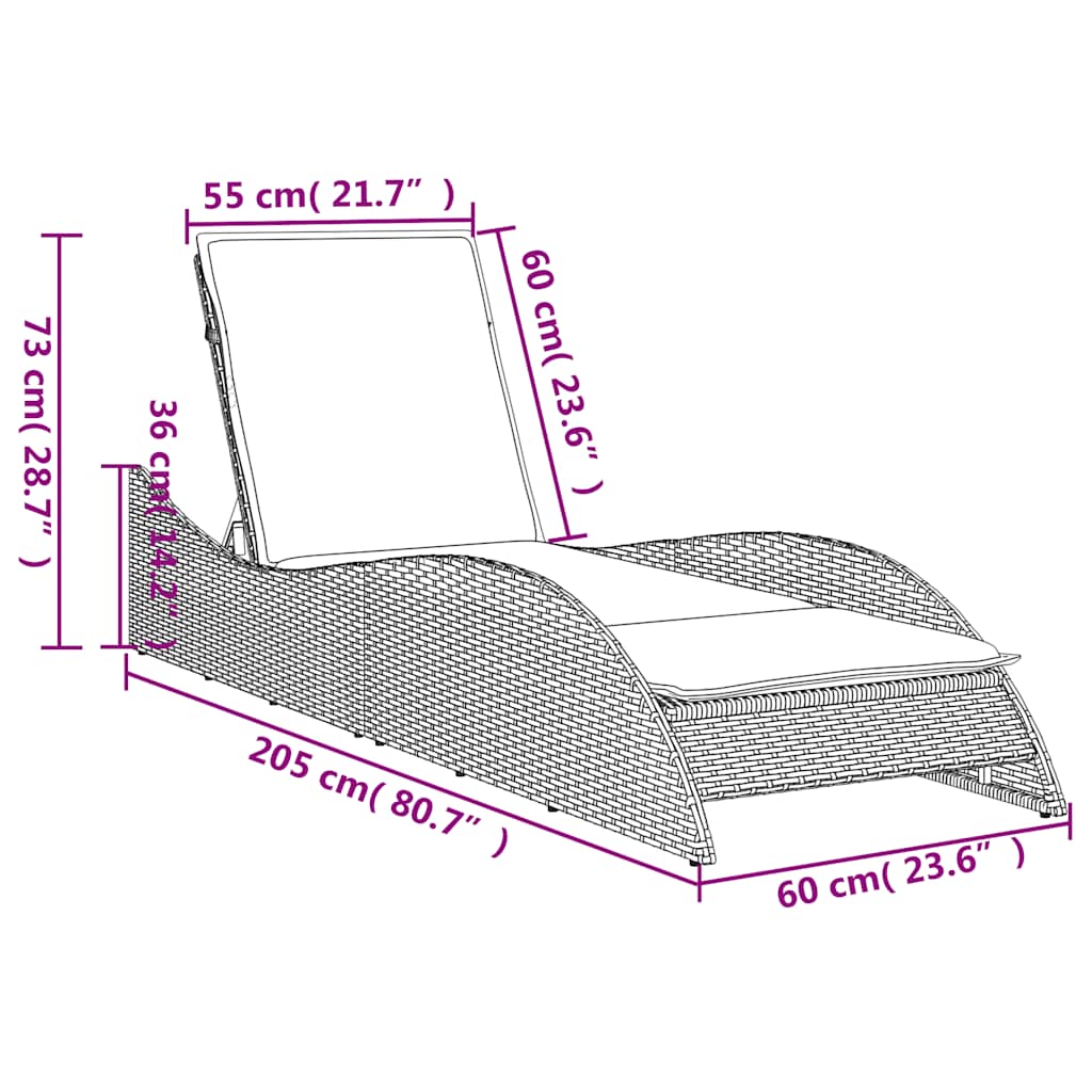 Sun Lounger with Cushion Brown 60x205x73 cm Poly Rattan