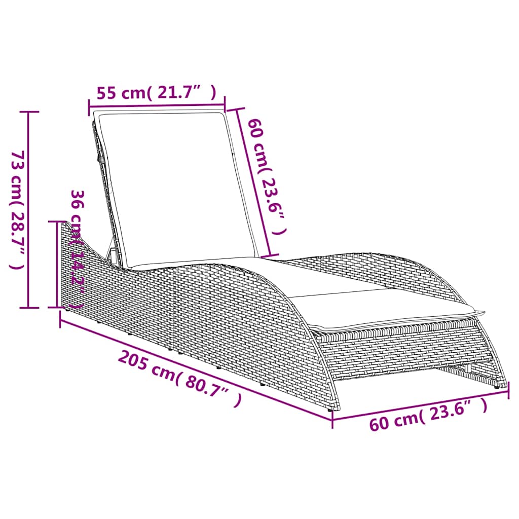 Sun Lounger with Cushion Black 60x205x73 cm Poly Rattan