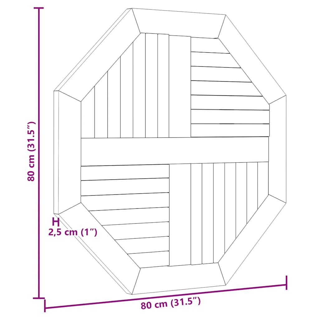 Table Top 80x80x2,5 cm Octagonal Solid Wood Teak