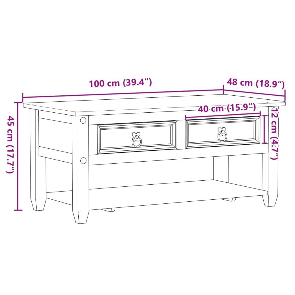 Coffee Table with Drawers "Corona" 100x48x45 cm Solid Wood Pine