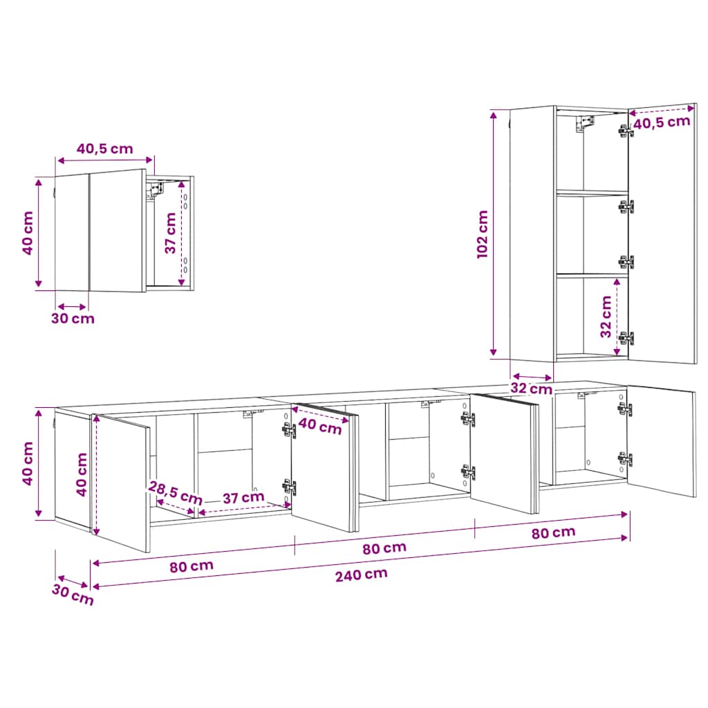 5 Piece TV Wall Units White Engineered Wood